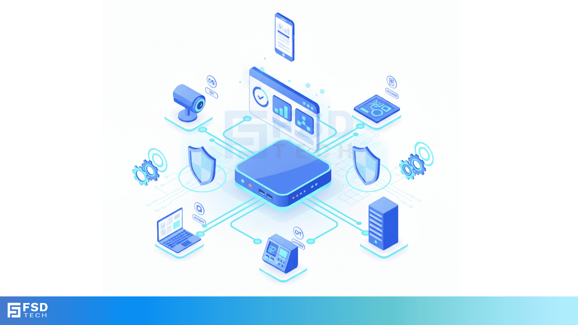 Isometric Illustration Showing Connected Devices, Laptops, Servers, And Security Shields Representing Cato SASE Device Attribute Enforcement And Firewall Control Across IT, IoT, And OT Endpoints – FSD Tech Graphic.