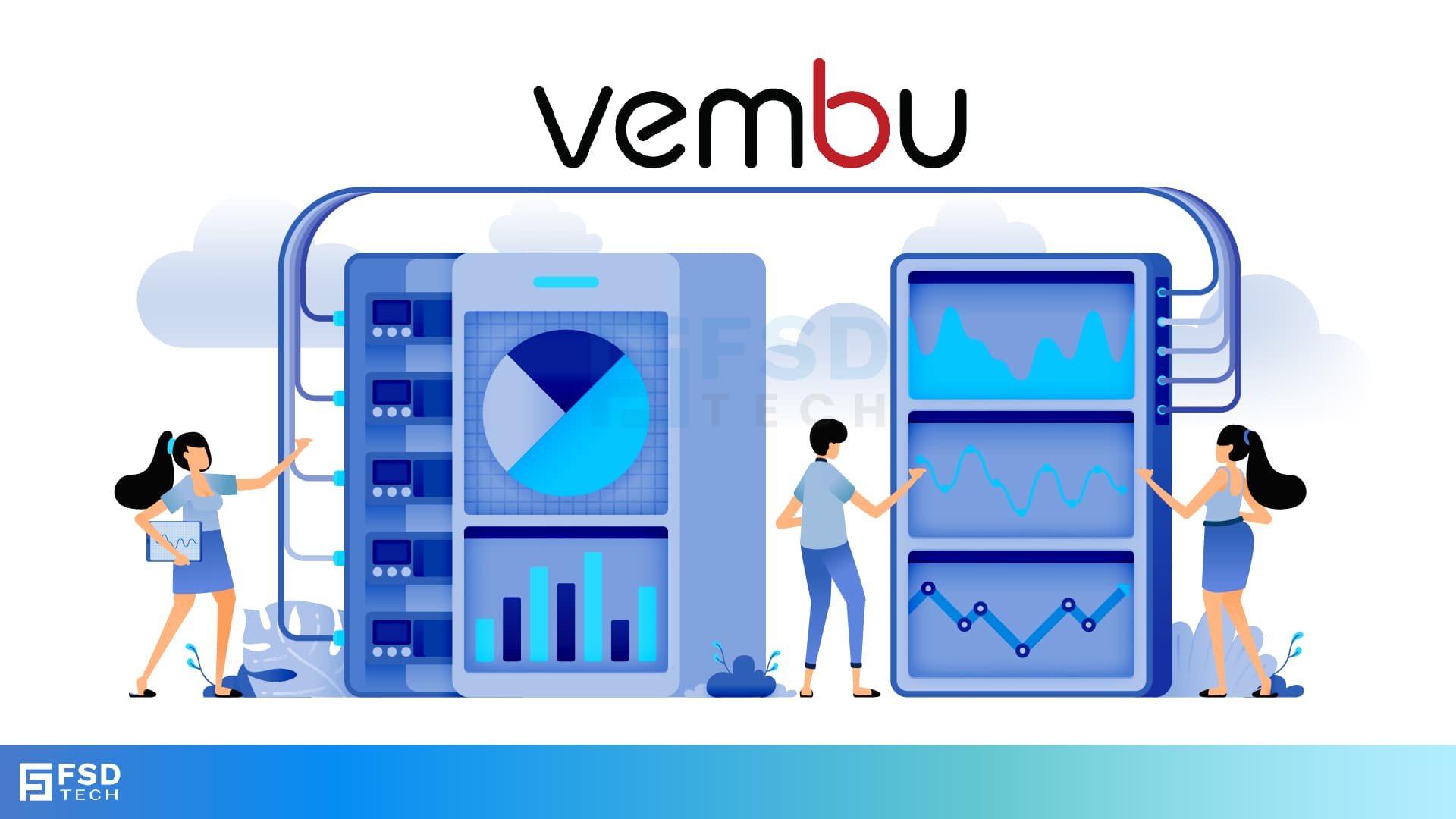 Vembu BDR illustration showing data backup, cloud storage, and server management in blue theme with FSD Tech logo