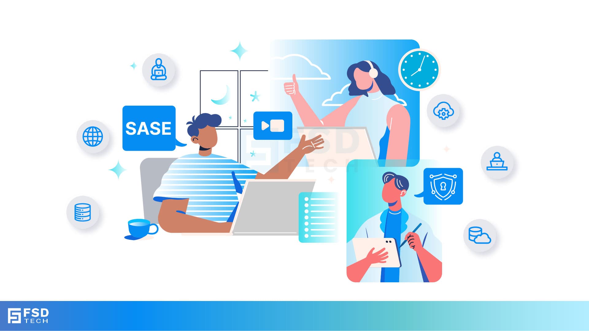 Illustration of remote developers using Cato SASE with secure cloud networking, video calls, and compliance features for distributed teams.