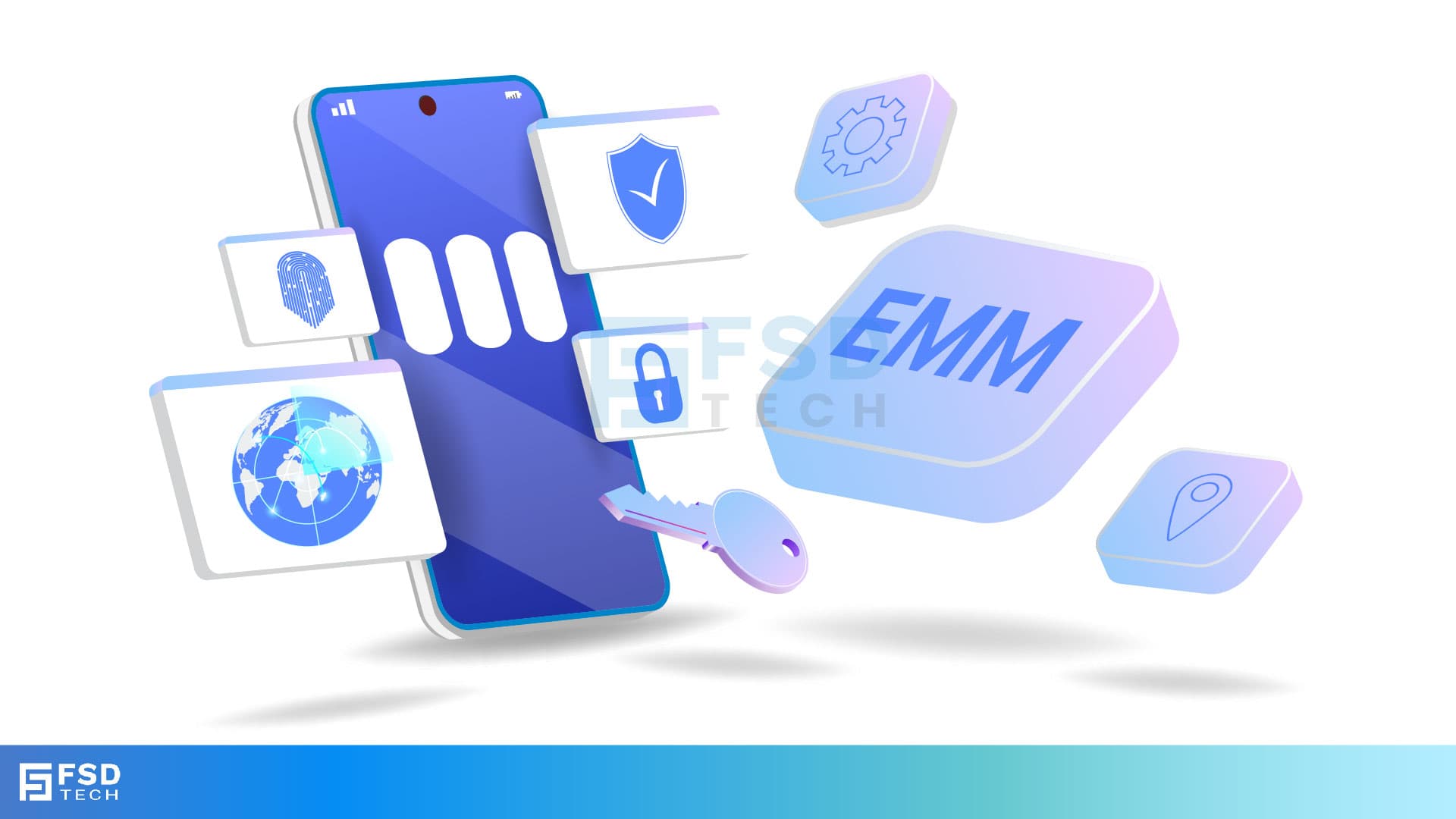 Illustration of mobile device with EMM icons like security, biometrics, location, and remote access for enterprise mobility control.