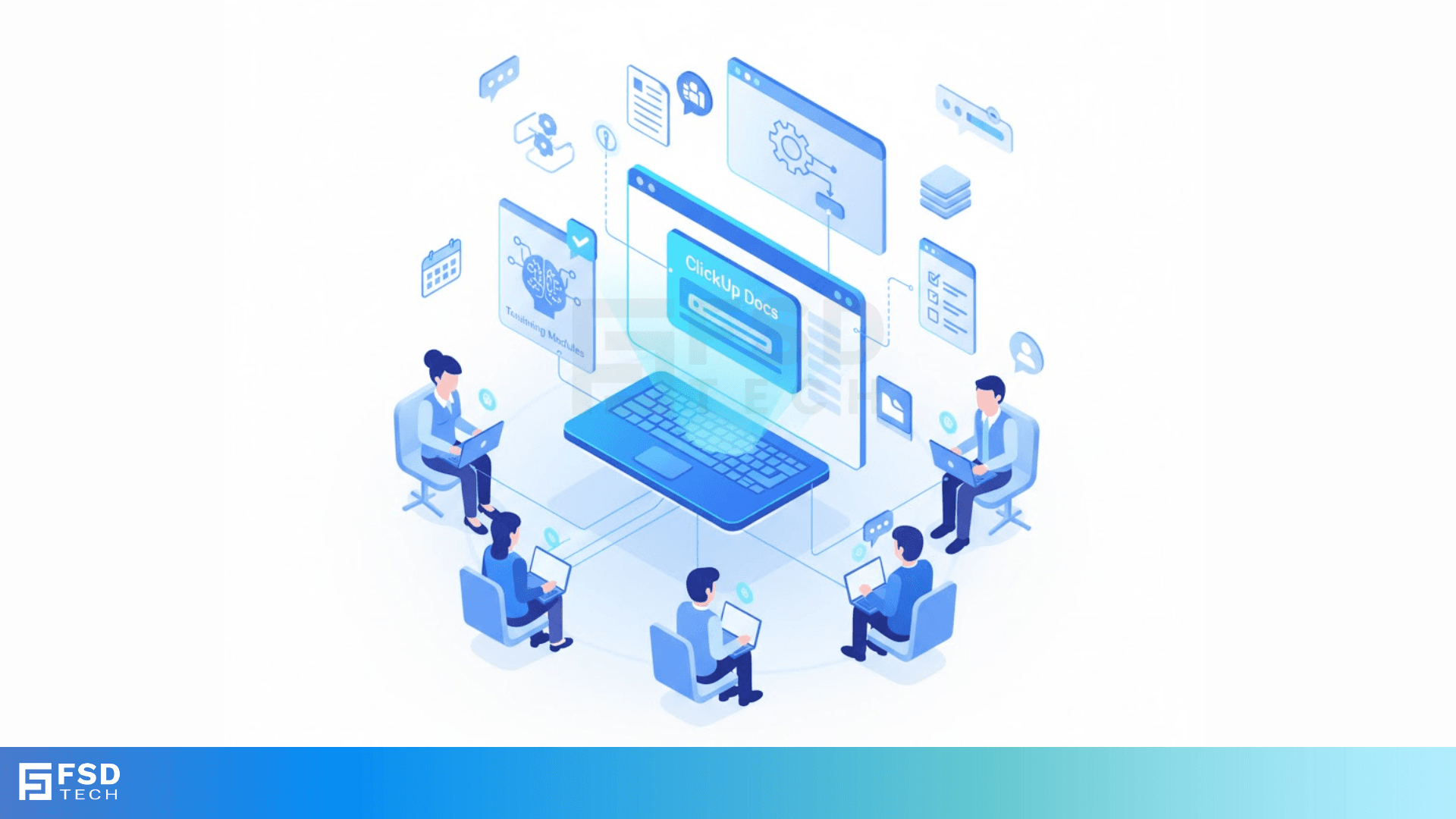 Infographic showing ClickUp Brain AI features, including automated project management updates, AI stand-ups, intelligent task allocation, centralized documentation search, and custom AI agents for workflow automation, with illustrations of robots and team task distribution