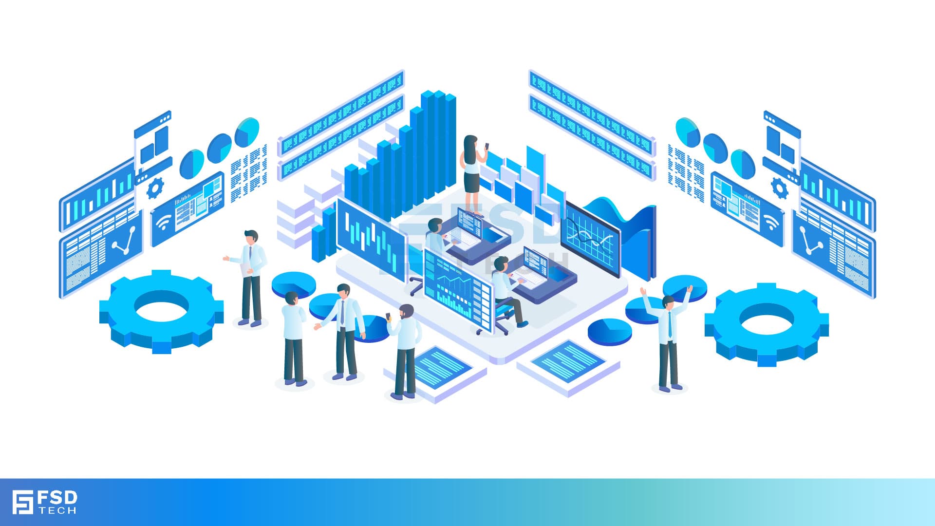 Illustration of HR teams using dashboards, charts, and mobile apps to manage workforce mobility and productivity with Zeta HRMS platform by FSD Tech.