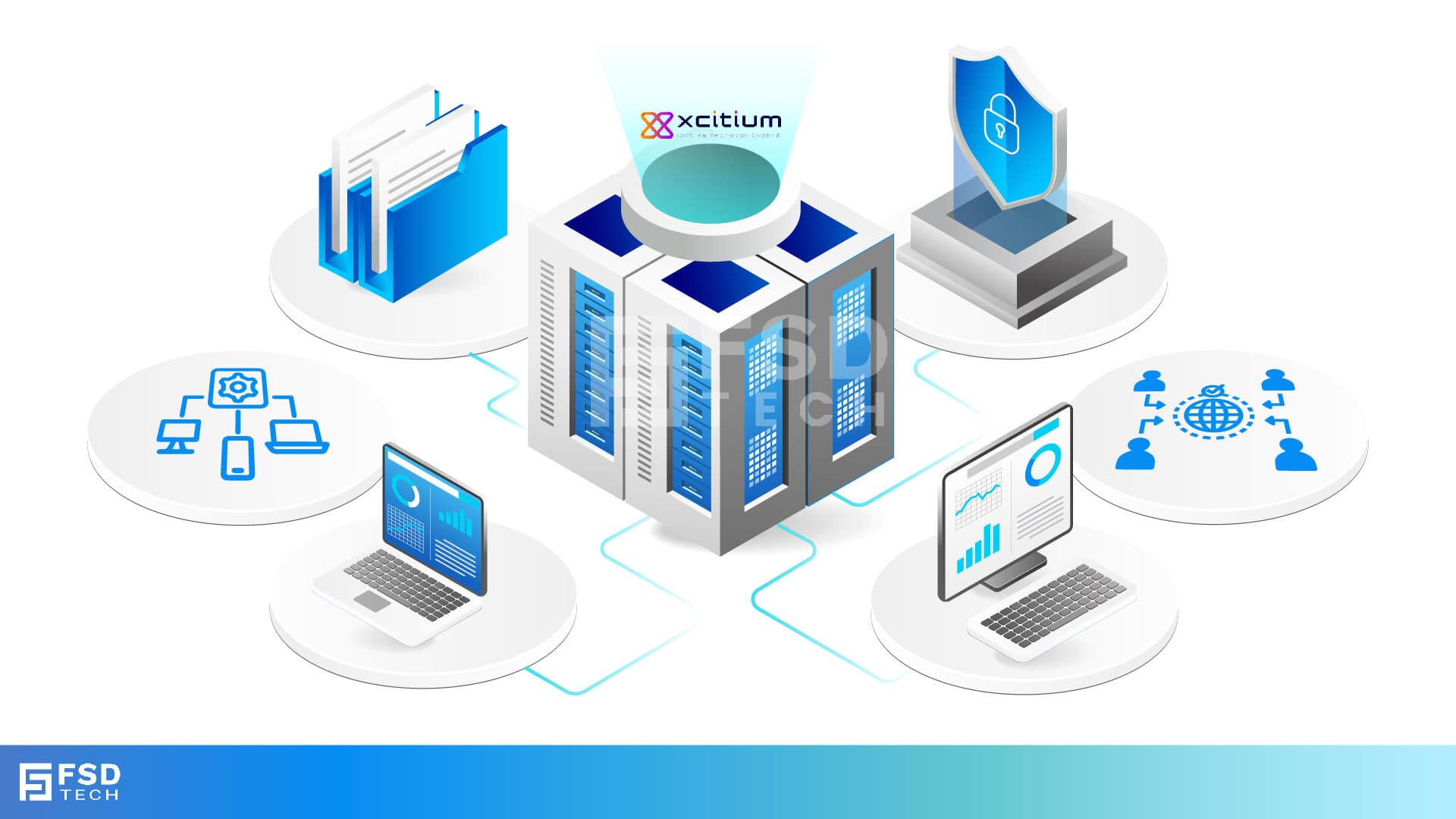 Isometric illustration of Xcitium cybersecurity infrastructure showing secure servers, shield protection, network management, and global endpoint security monitoring.