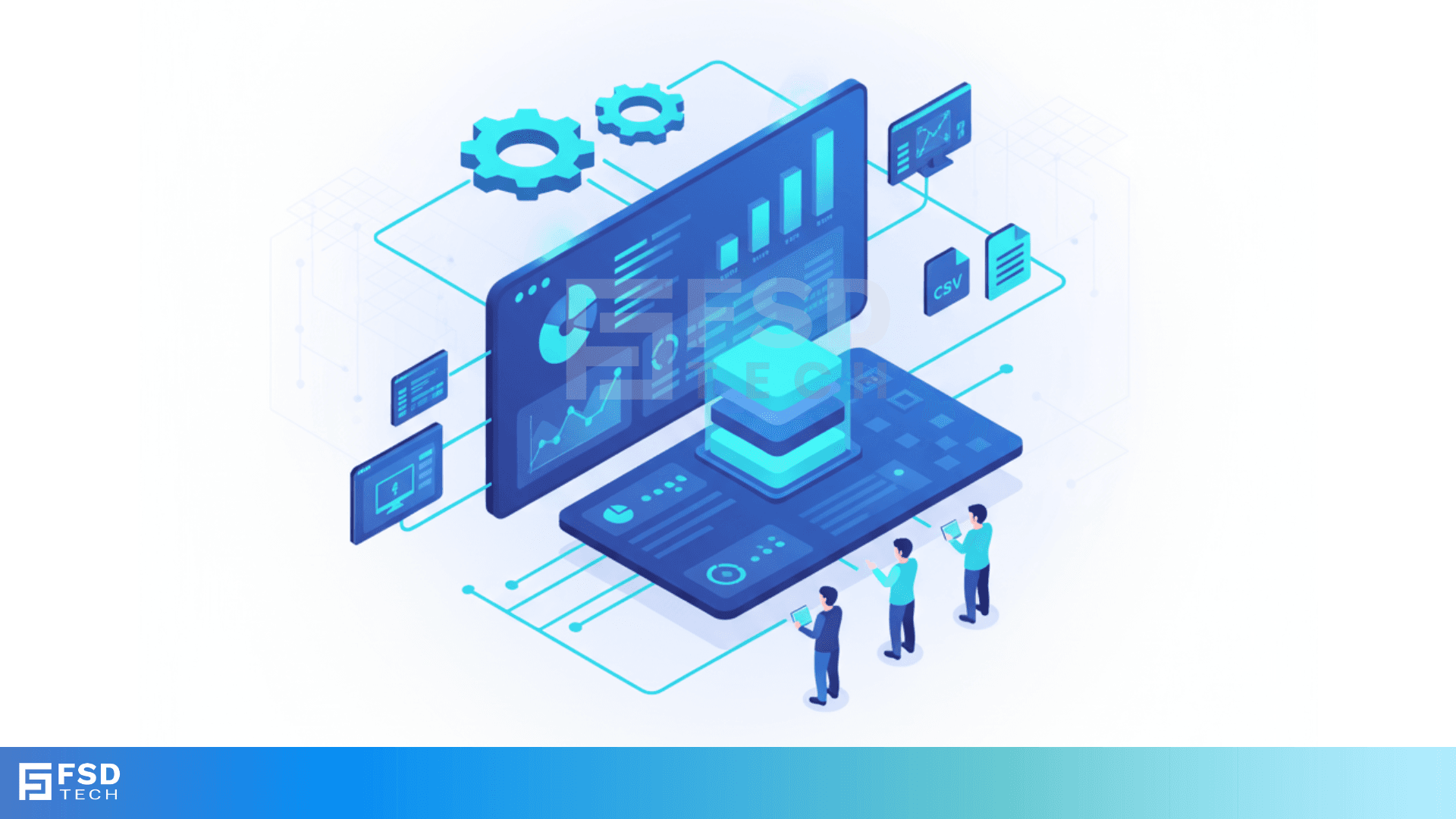 3D-style isometric illustration showing an Atera analytics dashboard with charts, graphs, and metrics connected to data sources. Depicts team members reviewing IT performance data through digital screens labeled CSV and Reports, representing integrated analytics and automation. Blue gradient theme with FSD Tech logo at bottom. SEO keywords: Atera analytics visualization, IT reporting automation, RMM PSA dashboard, FSD Tech Atera integration.