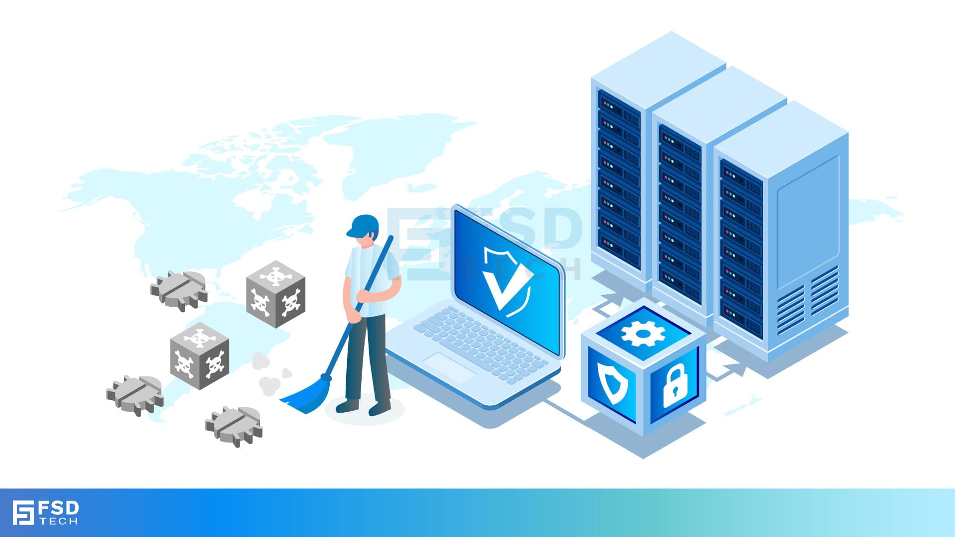 Vector illustration of IT professional securing servers and laptop with shield icon, symbolizing ransomware protection and modern backup security with Vembu solutions.