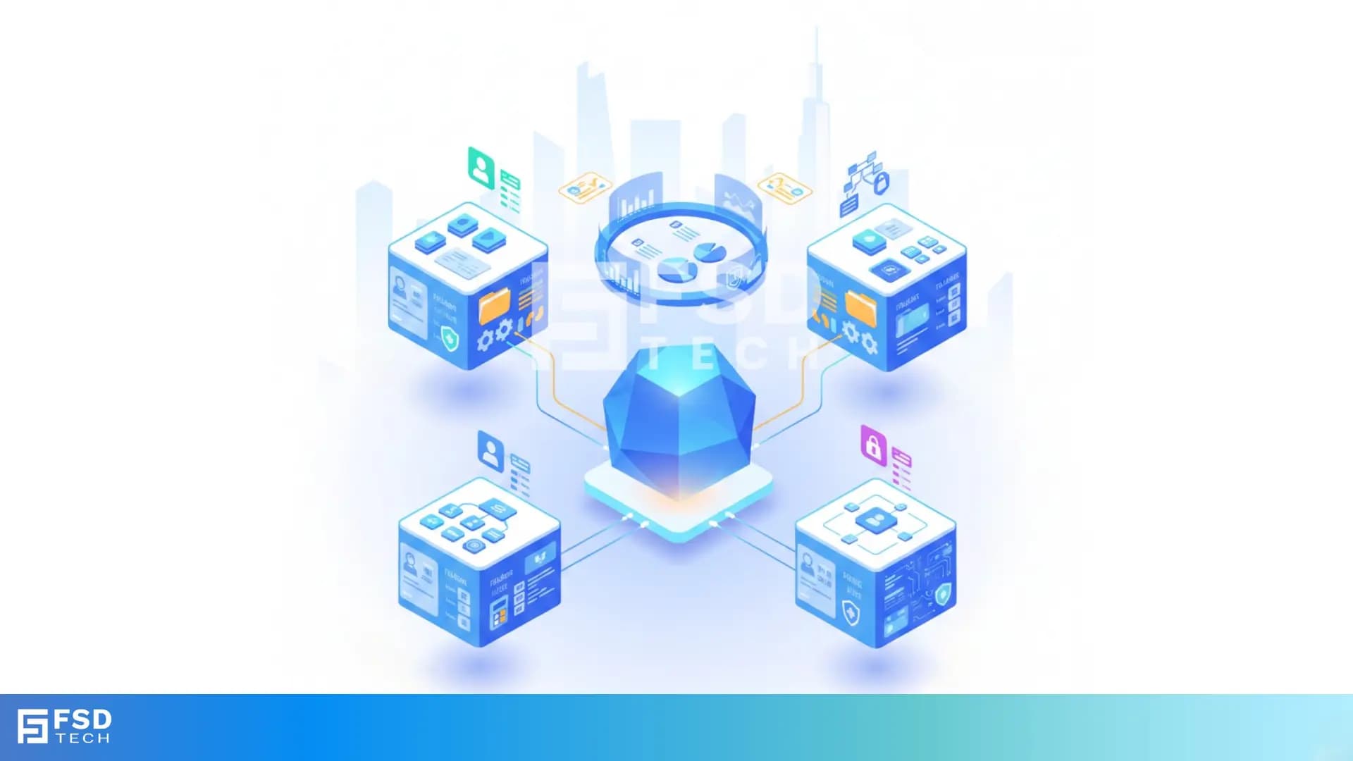 Illustration depicting a structured ClickUp workspace architecture with multiple departments connected to a central system, highlighting scalable workflows, data visibility, security controls, and cross-team collaboration