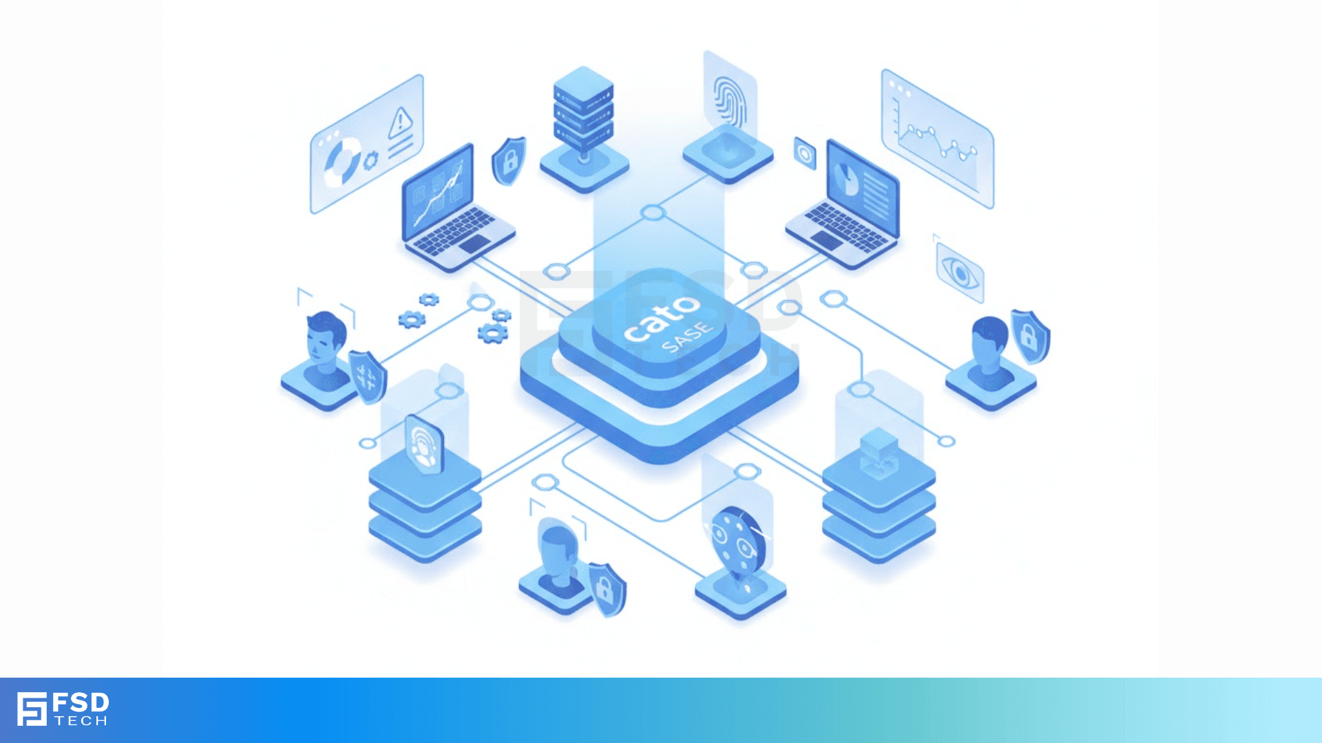 Isometric blue-toned illustration showing the Cato SASE platform at the center of a secure network, connected to laptops, servers, user identities, access controls, and security analytics, representing unified cloud security and protected connectivity across all endpoints.