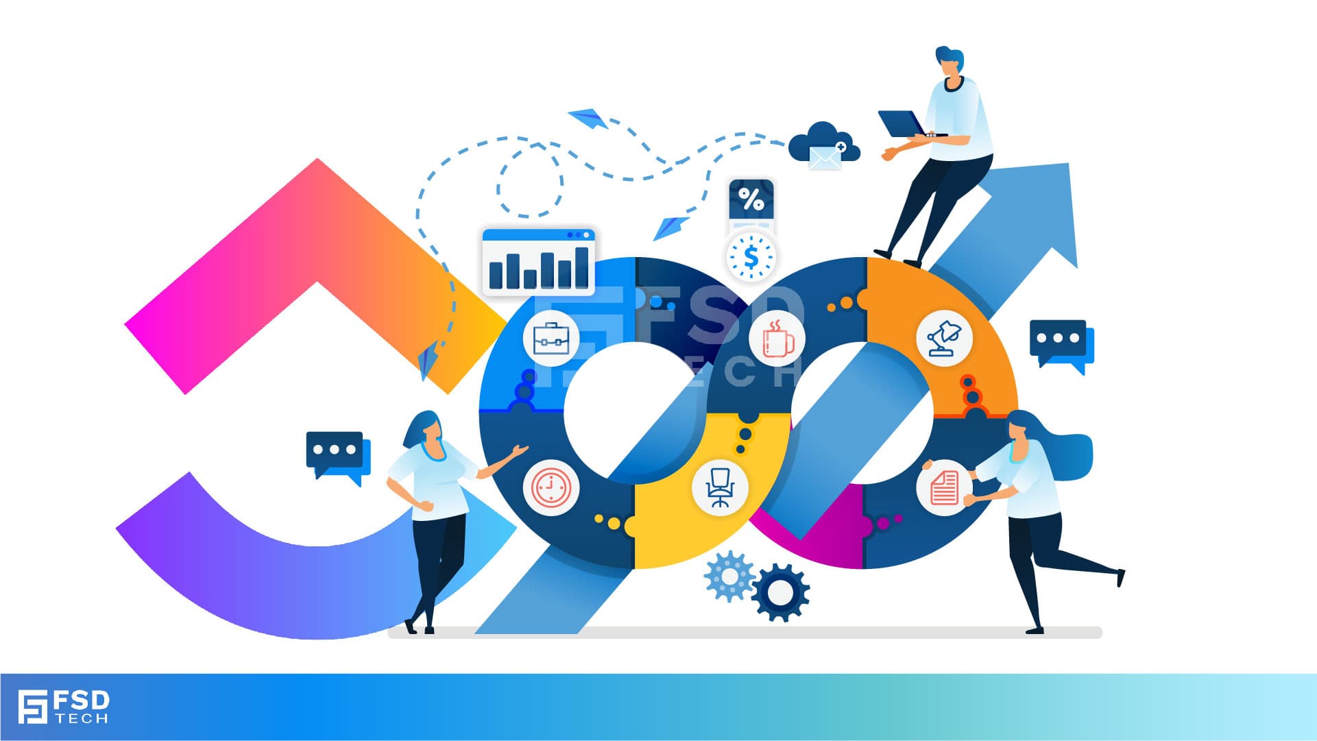 Illustration of team members collaborating around an infinity loop with productivity, communication, and workflow icons, representing ClickUp company wiki creation – FSD Tech branding.