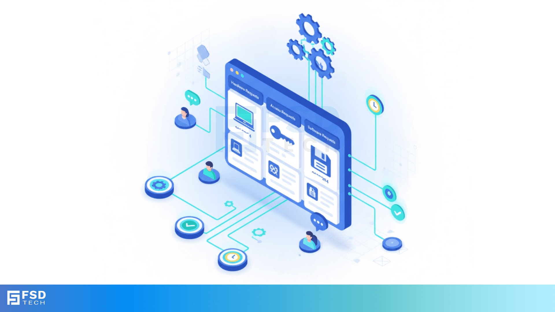 3D isometric illustration depicting a digital dashboard labeled “Hardware Requests,” “Access Requests,” and “Software Requests,” connected to icons for automation, approvals, and analytics. Surrounding user avatars symbolize IT staff and employees collaborating via ClickUp. The image visualizes a centralized IT management hub with interconnected data pipelines and blue gradient tones, branded with FSD Tech.