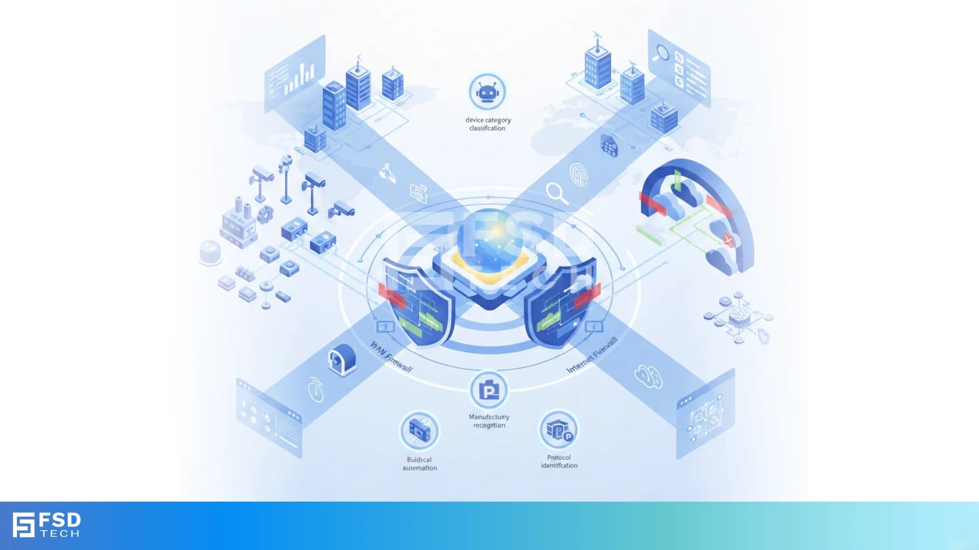 Isometric illustration showing IoT and OT devices segmented through Cato WAN and Internet Firewalls, with centralized policy enforcement preventing lateral movement and controlling external traffic exposure in a unified SASE architecture.