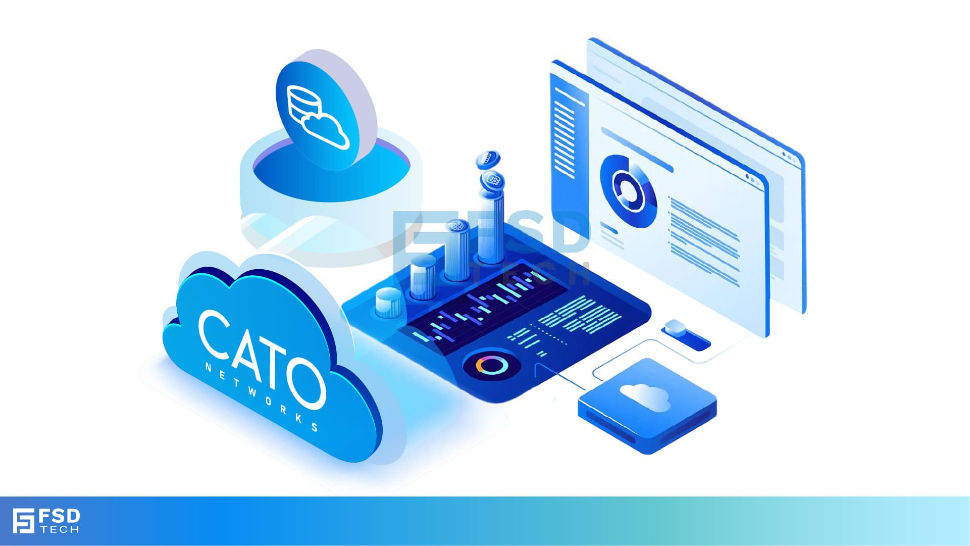 Illustration of Cato Networks cloud dashboard showing cloud-native security and performance monitoring with predefined application bypass for SaaS traffic, featuring analytics panels, optimization tools, and cloud icons.