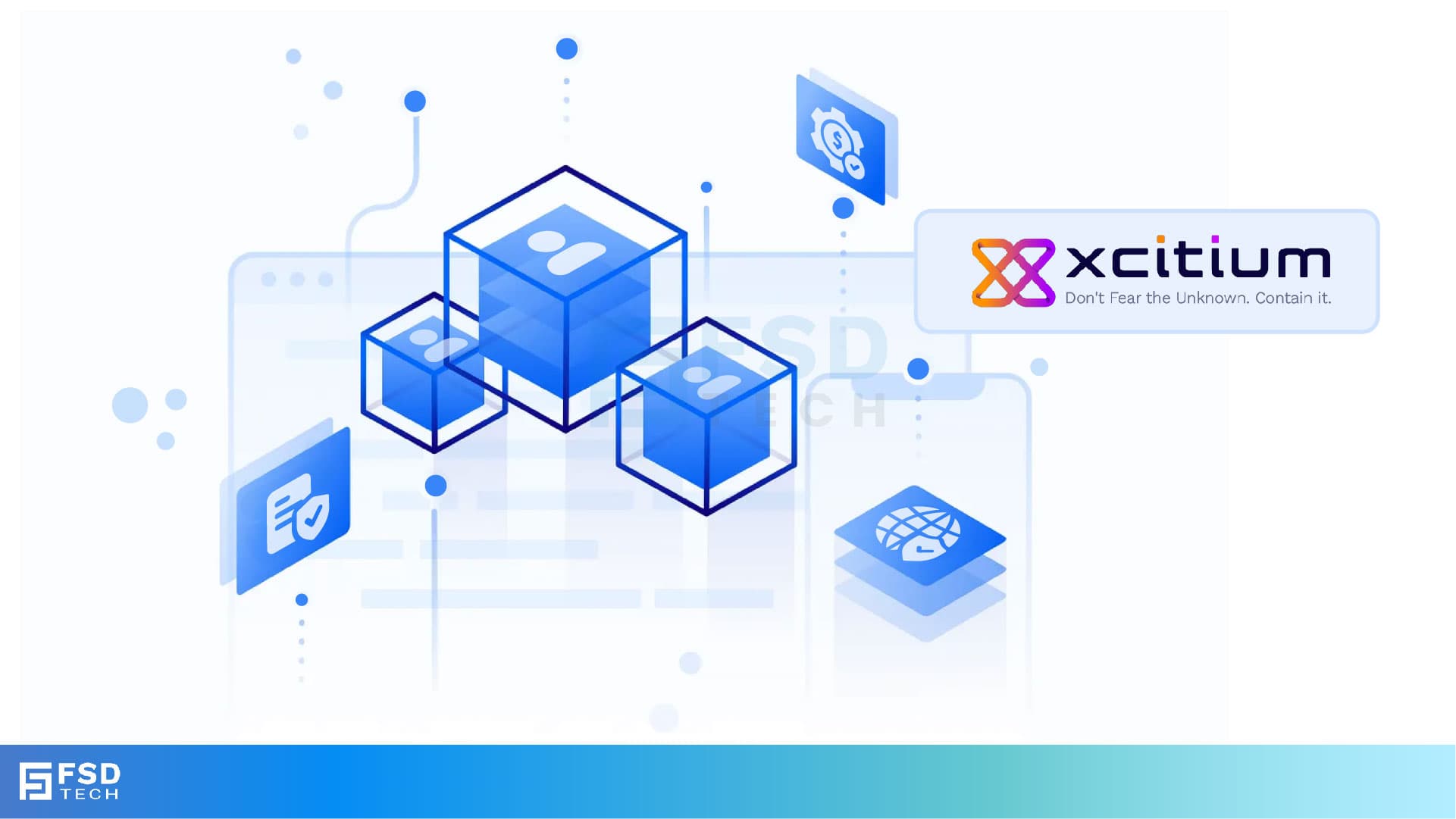 FSD Tech and Xcitium graphic with 3D digital cubes and cybersecurity icons, symbolizing financial protection, compliance, and secure infrastructure