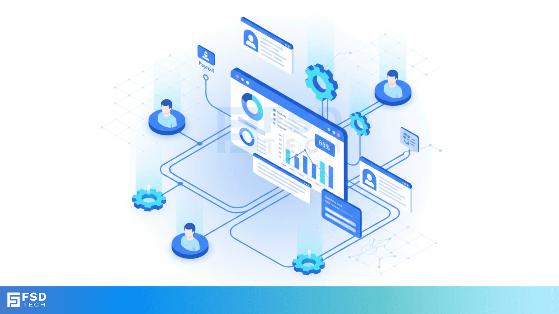 FSD Tech 3D illustration showing Zeta HRMS cost analysis system. Central dashboard connects HR profiles, payroll, and analytics charts through digital gears, representing real-time workforce cost tracking and data integration.