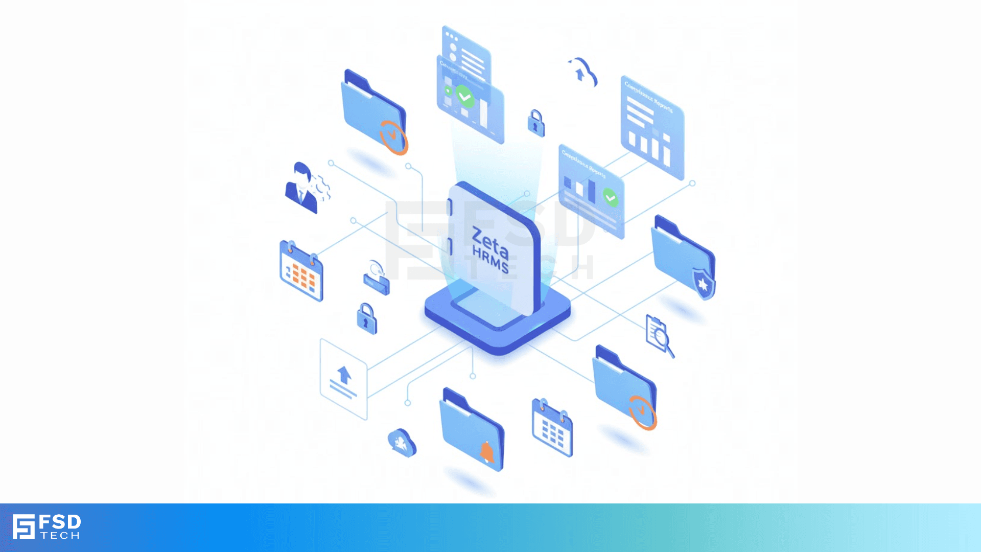 Isometric illustration showing Zeta HRMS centralizing HR document management with secure storage, automated expiry alerts, and compliance dashboards.