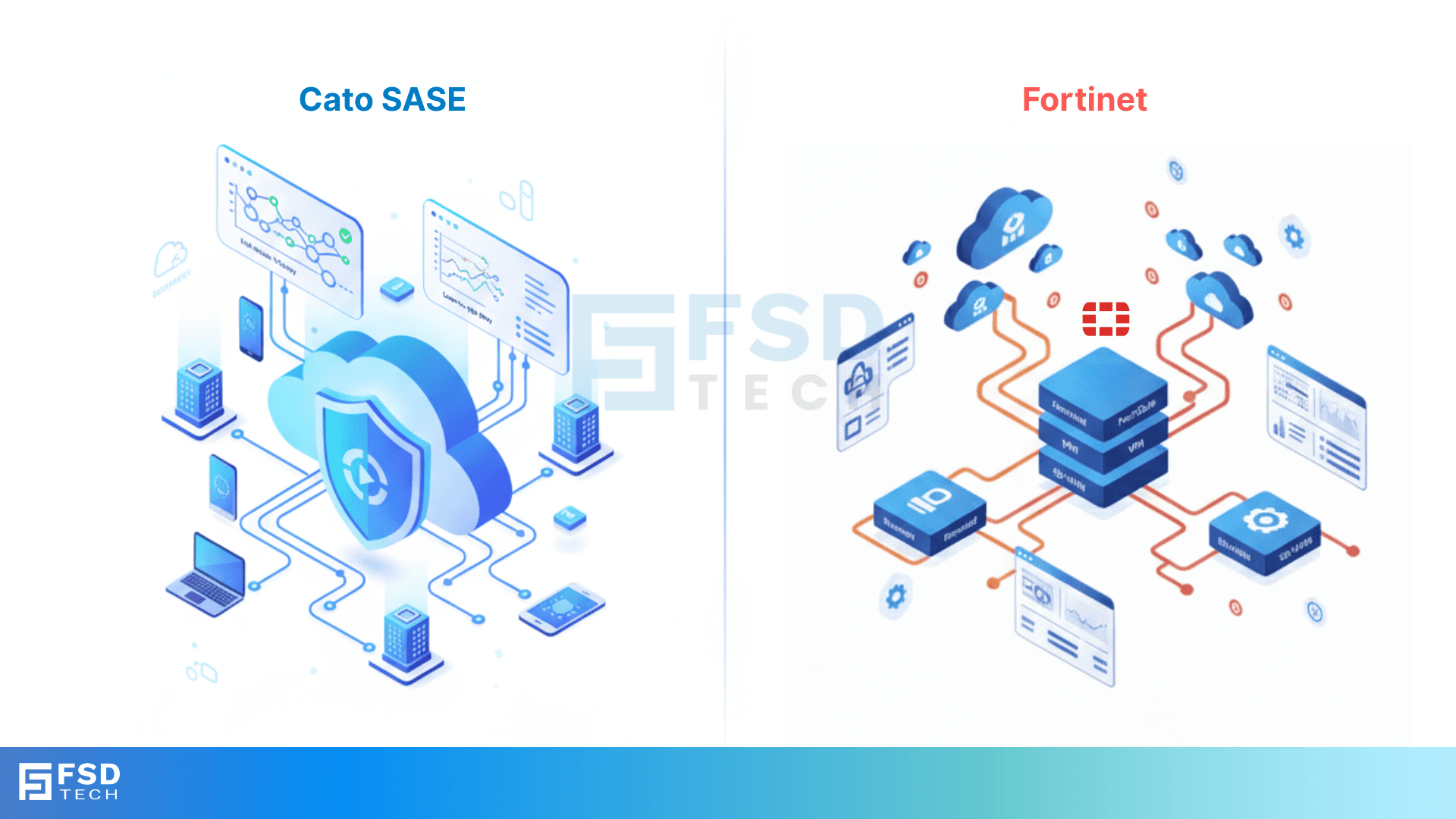 Visual comparison of Cato SASE cloud-native platform vs Fortinet appliance-driven stack. Cato offers converged security and networking, while Fortinet relies on hardware modules. Designed for enterprise teams in UAE, Dubai, GCC, and Africa.