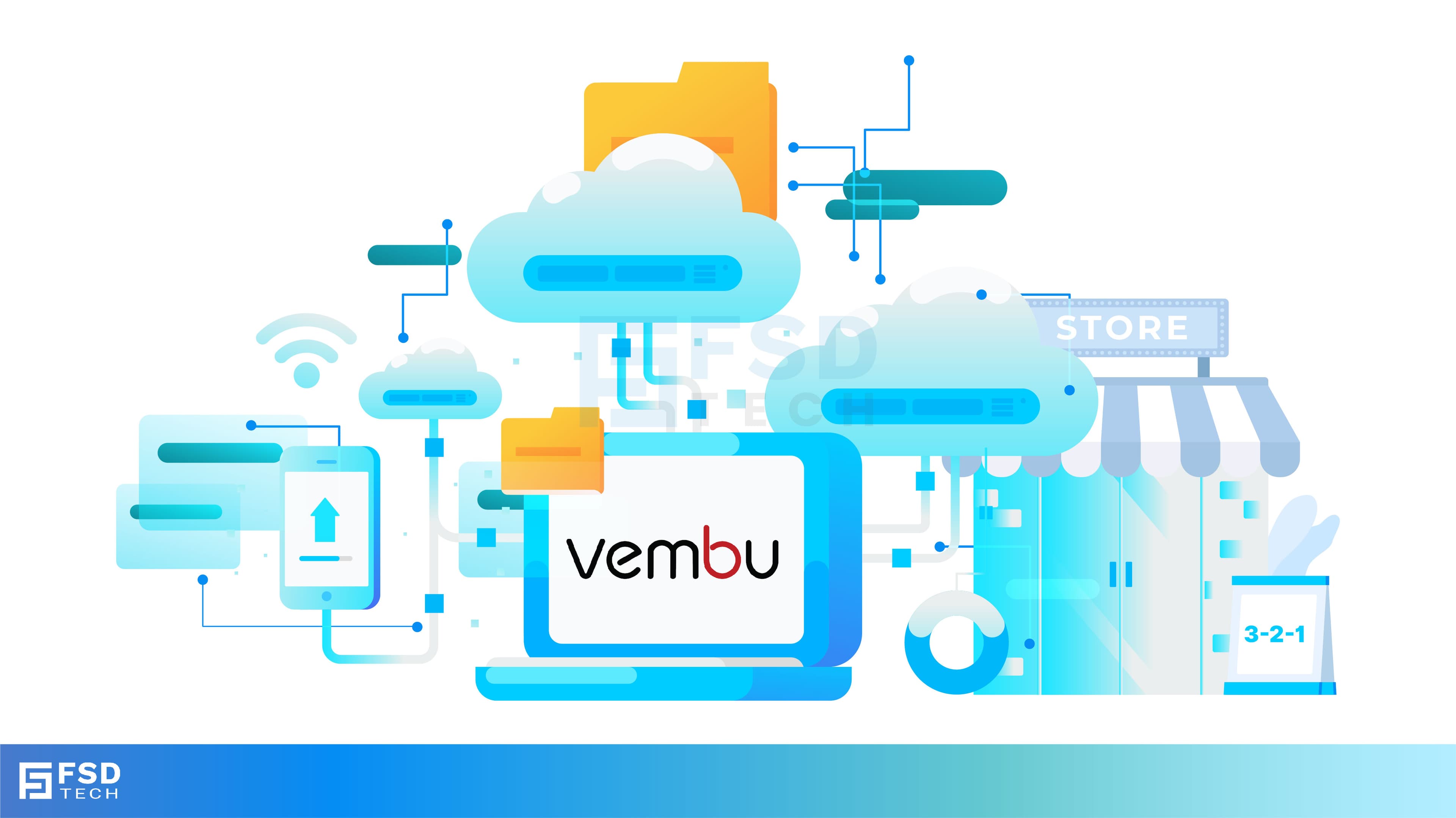 Vector illustration showcasing Vembu cloud backup solutions. A central laptop screen displays the Vembu logo, surrounded by connected cloud storage icons, files, and mobile devices representing seamless data synchronization. Additional graphics include a store with "3-2-1" backup signage, servers, and secure connections, symbolizing hybrid cloud storage and reliable data protection for SMBs.
