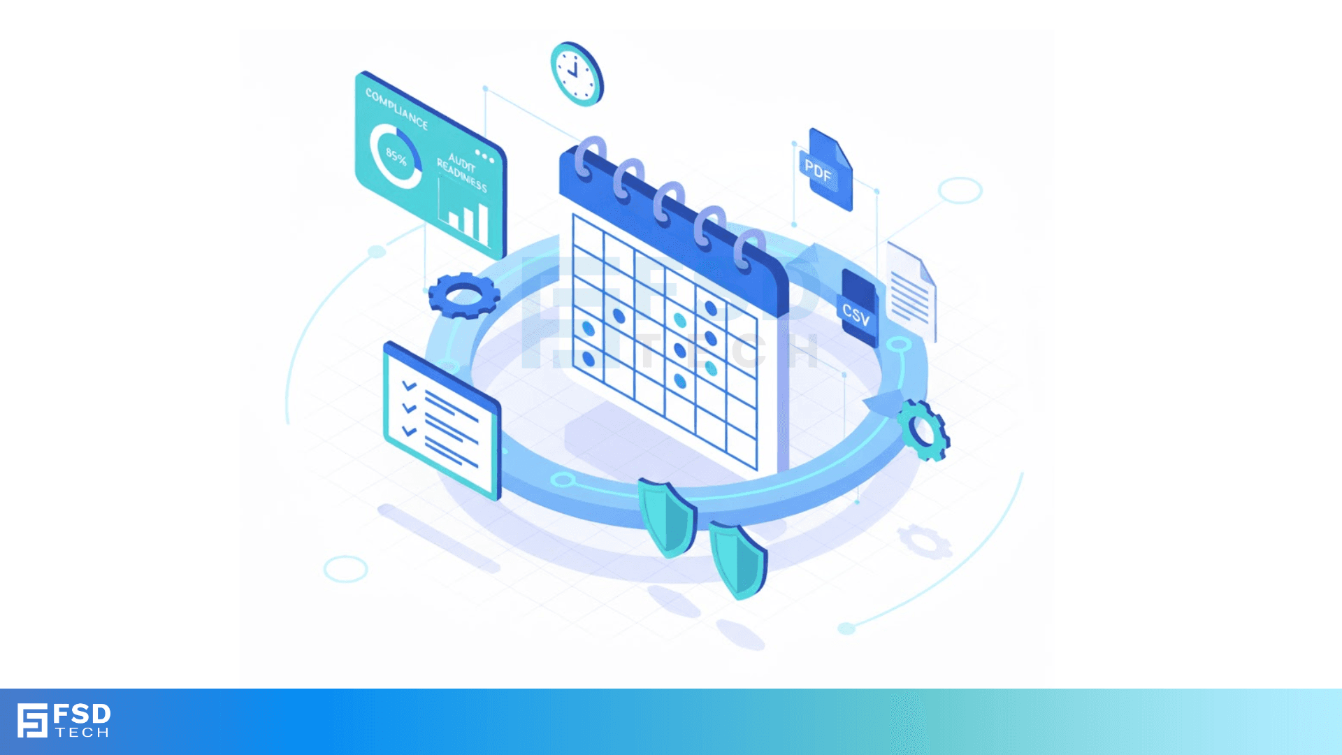 3D isometric illustration of Miradore EMM automated reporting system with a central calendar symbolizing scheduled compliance checks. Surrounding visuals show audit readiness charts, PDF/CSV file exports, checklist panels, and security shields representing automation, SLA accuracy, and report scheduling.