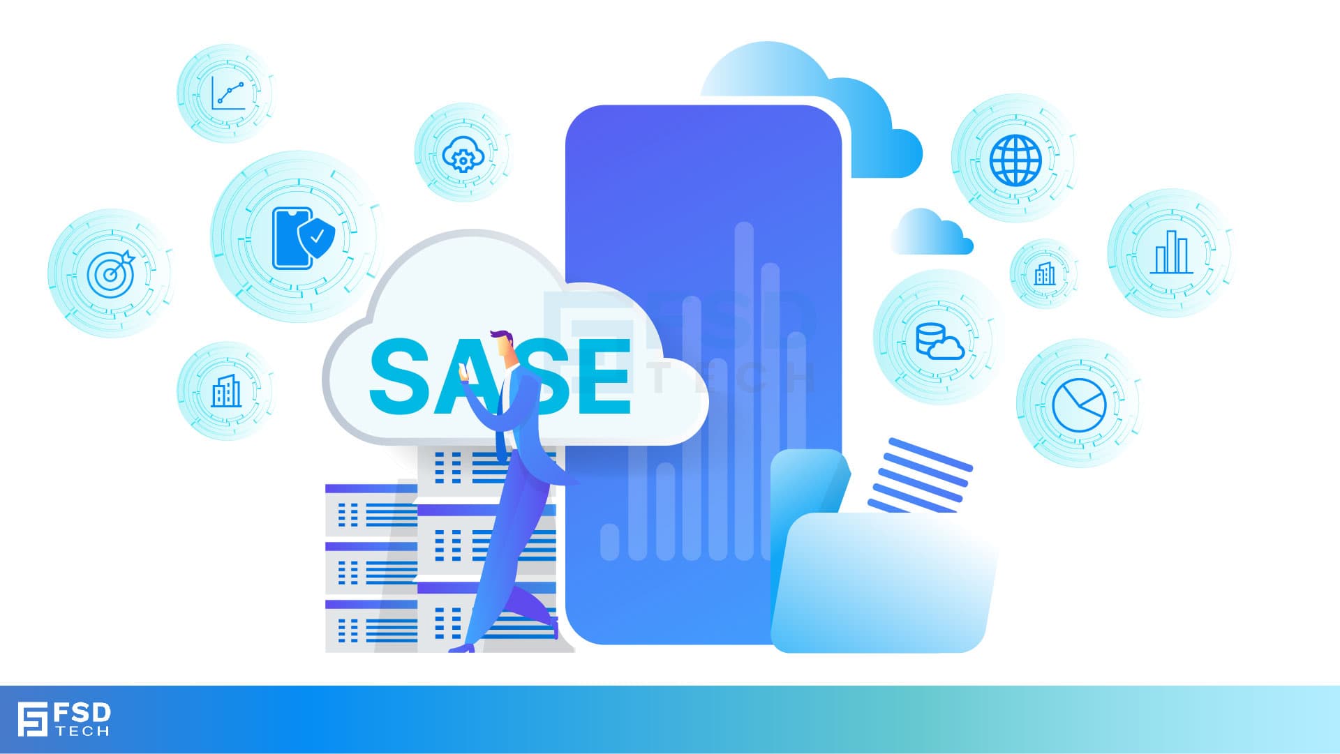 Illustration of Cato SASE cloud security platform with business professional interacting with a cloud, data icons, and global connectivity graphics, symbolizing secure visibility and control over Shadow IT and SaaS applications.