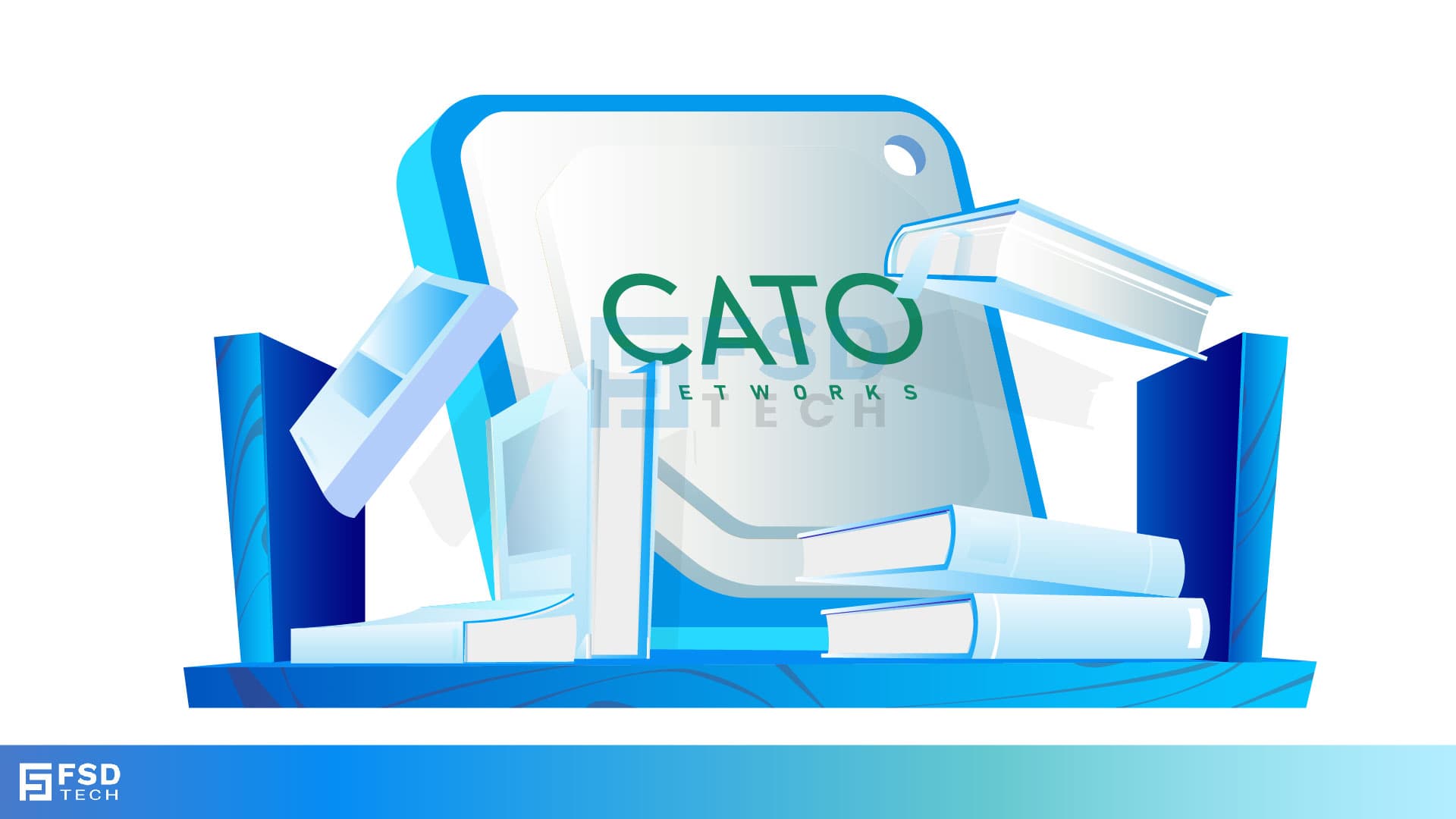 Digital illustration of Cato Networks SASE platform for education, showcasing secure digital learning environments with books and tablet, designed for UAE institutions – by FSD Tech