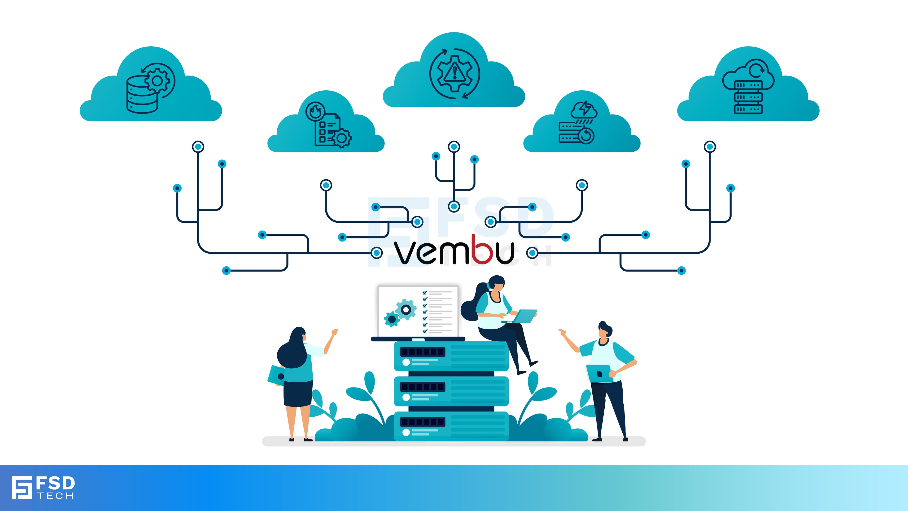 Graphic showcasing Vembu’s all-in-one backup and disaster recovery platform with icons for cloud, data protection, and business continuity for IT teams and SMBs.