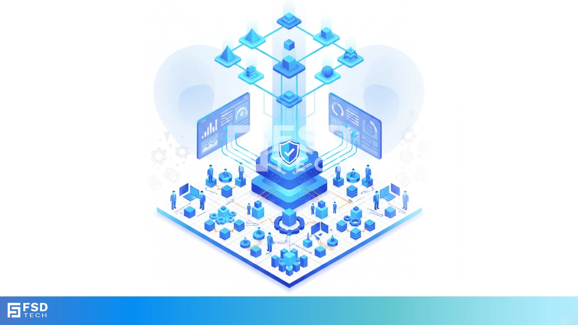 Isometric illustration of a centralized enterprise operations platform linking strategic planning, analytics dashboards, teams, and execution workflows, representing unified strategy alignment, real-time reporting, and coordinated business operations inside ClickUp.