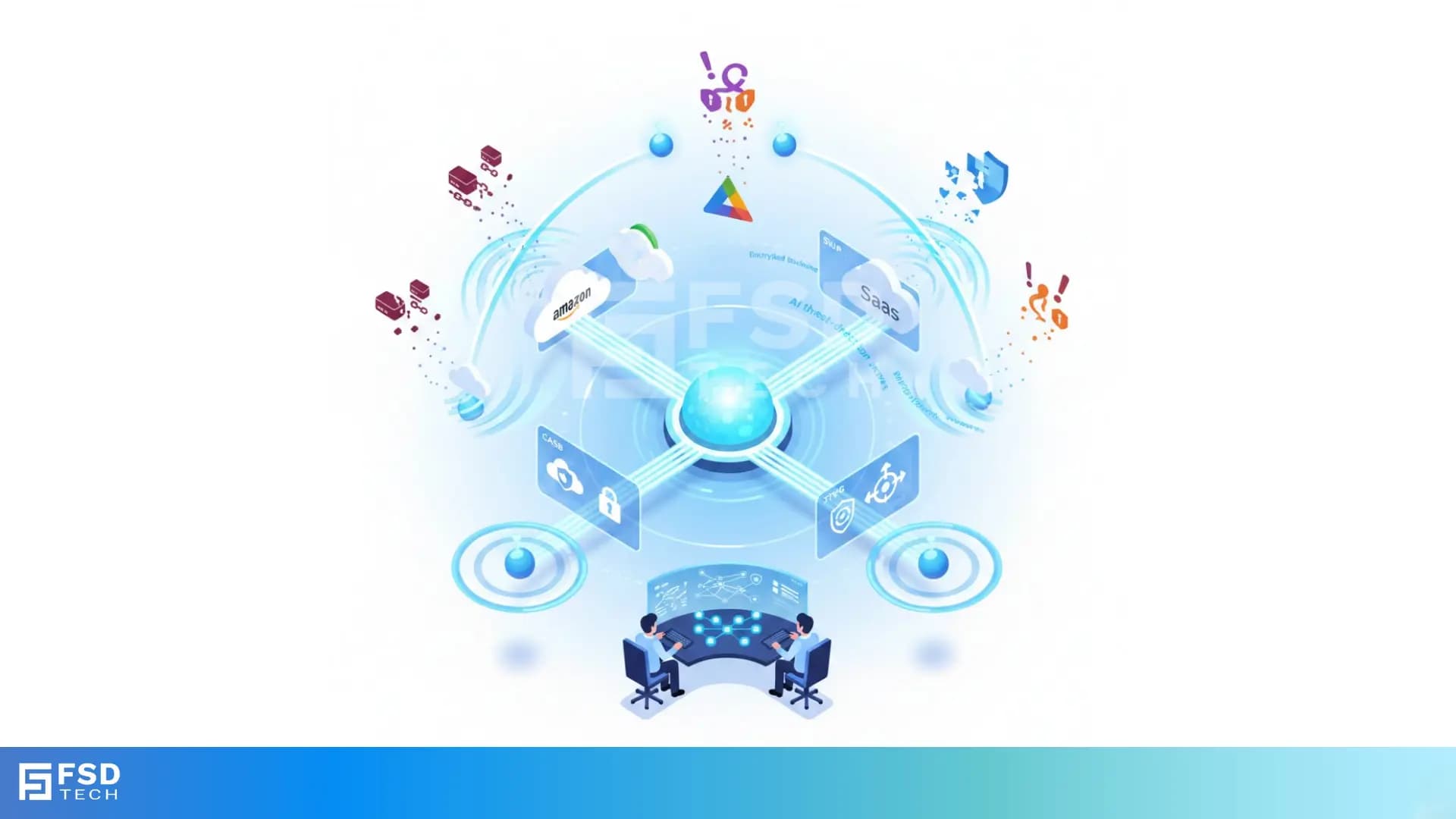 Illustration of Cato SASE managing multi-cloud environments with centralized security, showing AWS, Google Cloud, SaaS apps, and back-and-forth data flow connected to a secure core, monitored by IT operators using a unified Cato dashboard.