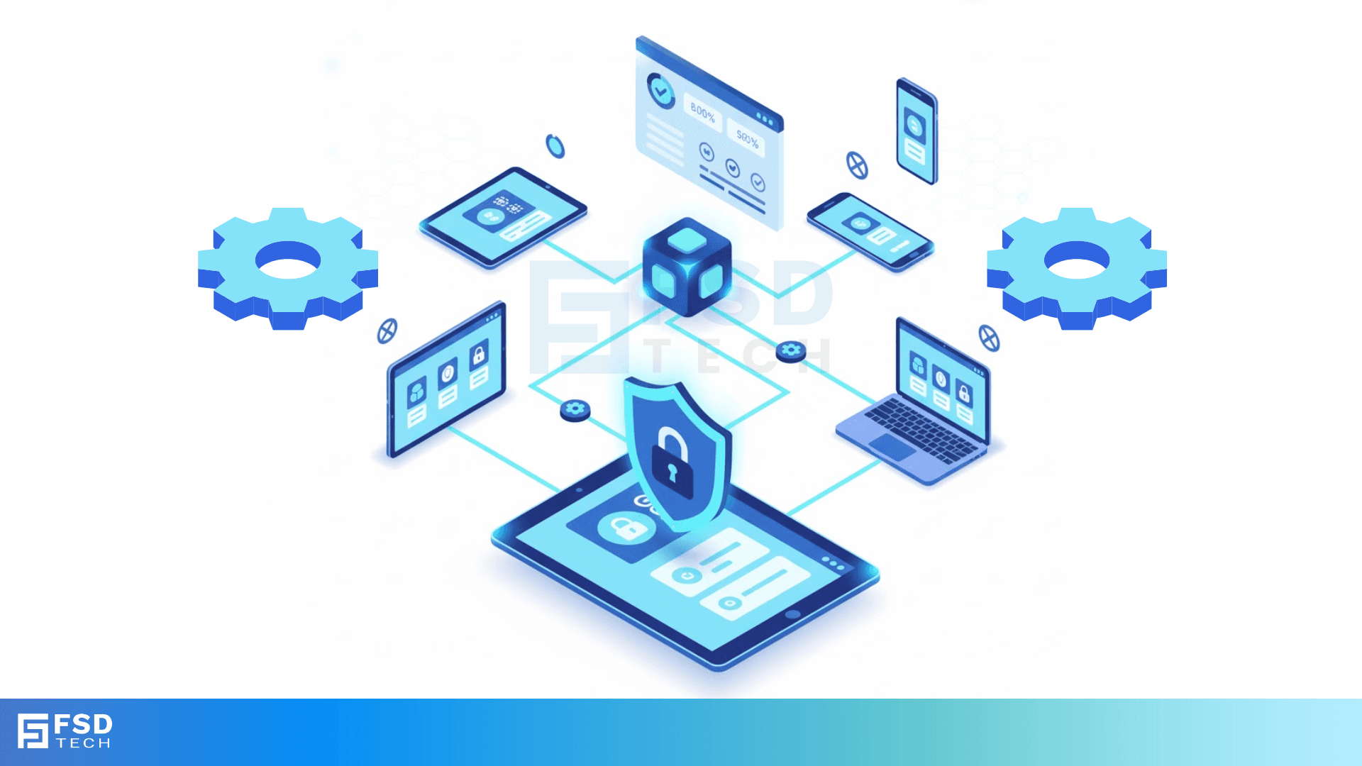 Isometric 3D illustration showing secure connected devices managed under Miradore Kiosk Mode. Features laptops, tablets, and smartphones linked through a centralized system with shield icons, gears, and data pathways representing remote control, app restriction, and compliance. Blue gradient background with FSD Tech logo at the bottom. SEO keywords: Miradore device management, Kiosk Mode automation, mobile security visualization, MDM dashboard, FSD Tech Miradore integration.