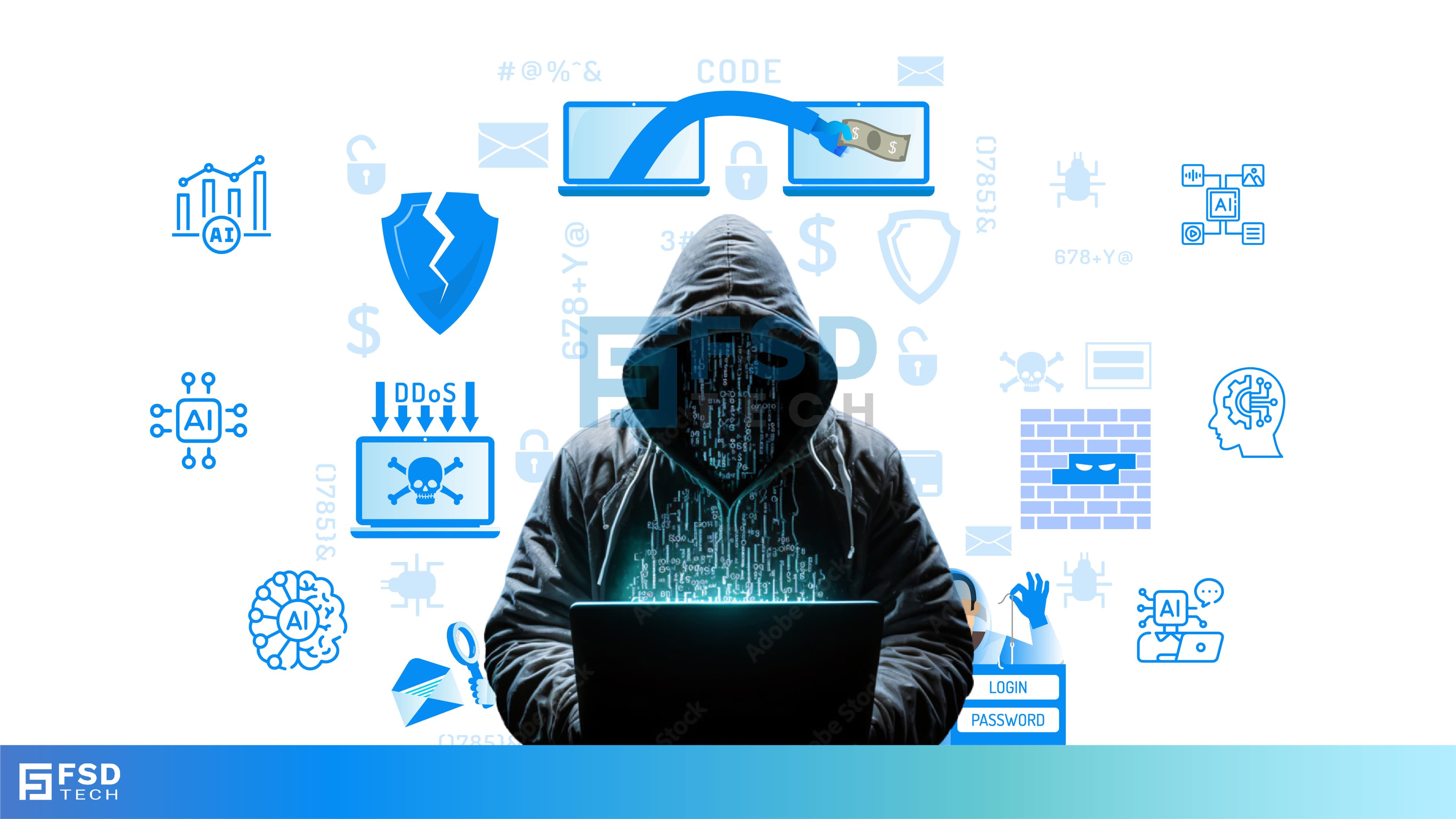 Illustration of a hooded hacker figure using a laptop, surrounded by AI and cybersecurity icons, including DDoS attacks, AI chips, login/password theft, phishing, ransomware, firewalls, and fraud symbols. Represents AI-powered cyberattacks and threats such as data breaches, adversarial AI, and fraud in modern digital environments. FSD Tech branding at the bottom.