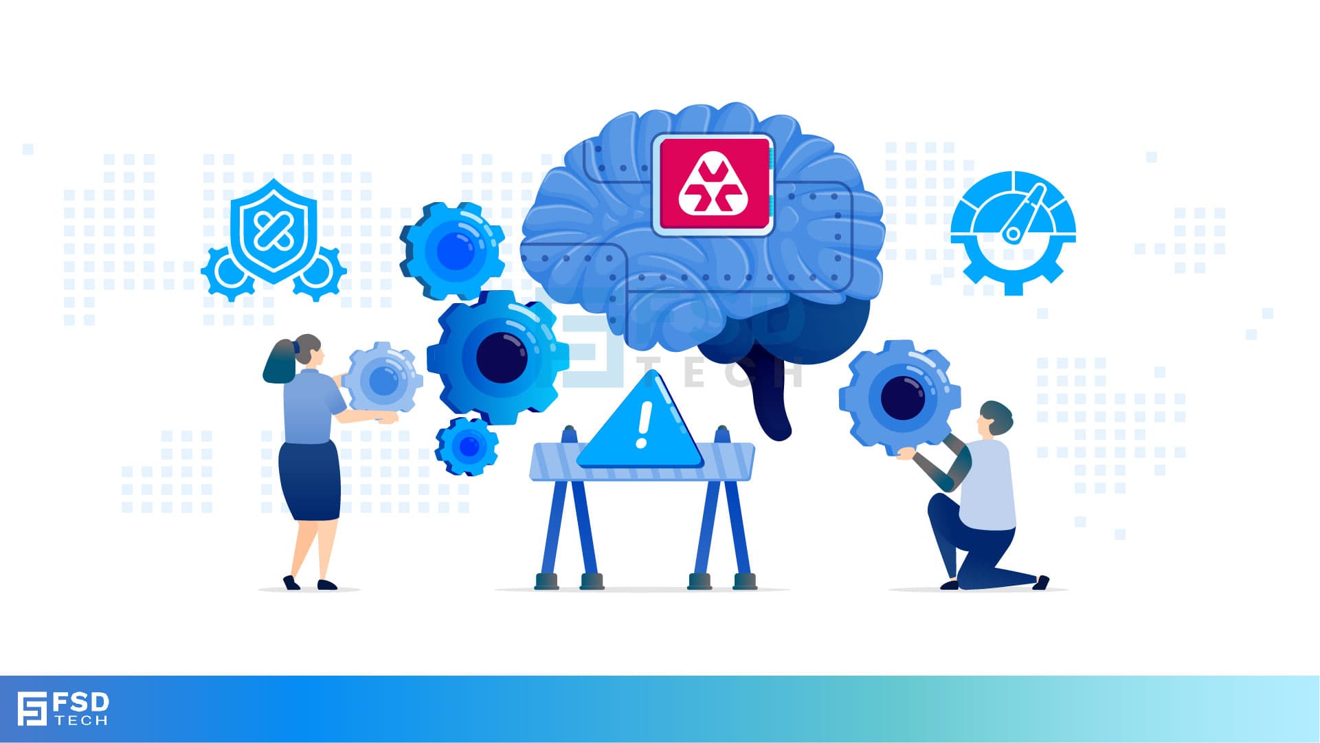 Illustration of Atera patch management with AI and automation, showing a brain with cogs, gears, and security icons representing smarter patching and performance optimization.