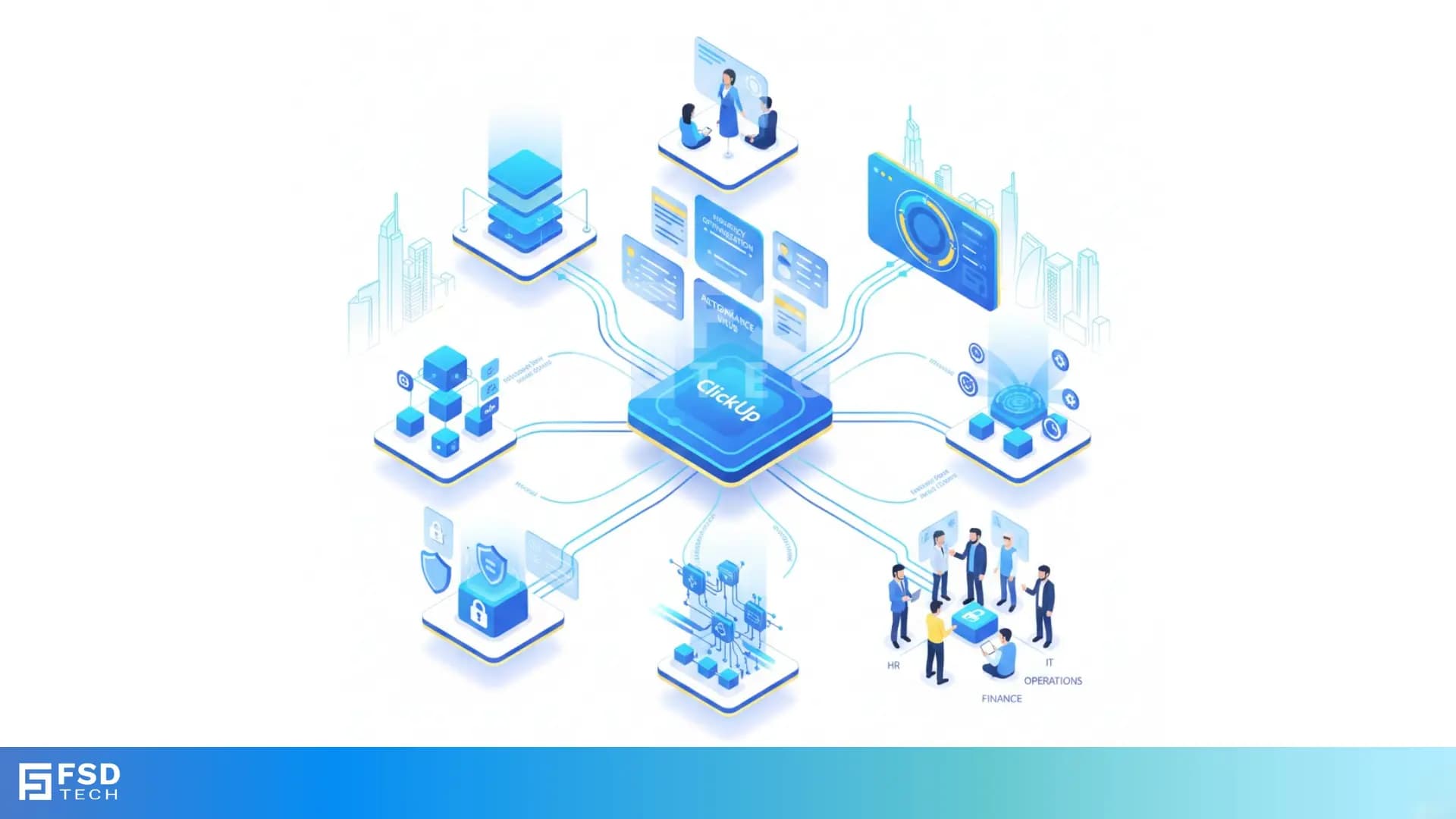 Illustration showing ClickUp as a central work management platform connected to dashboards, automations, security controls, and cross-functional teams to improve workspace performance and productivity at scale.