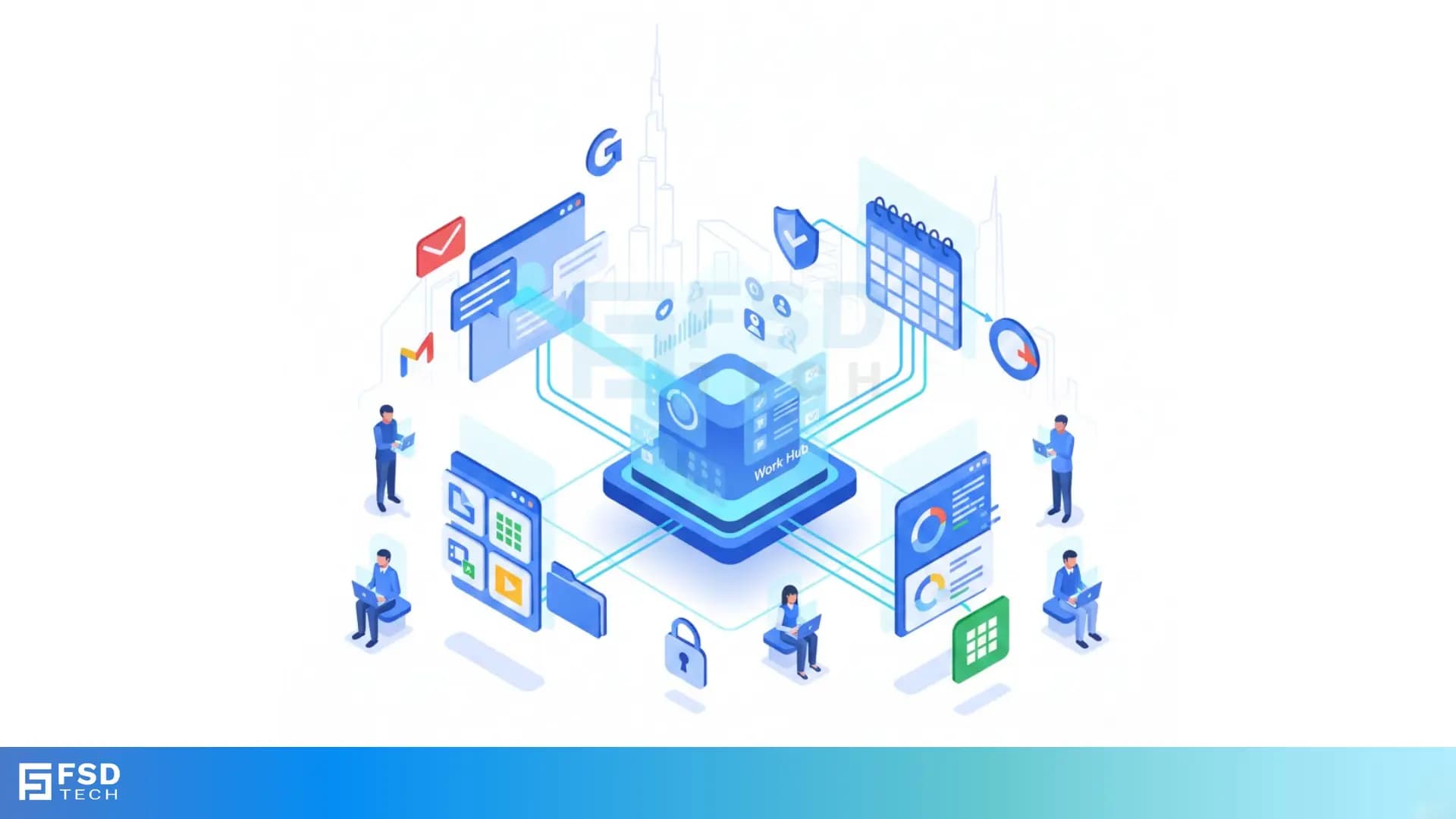 Illustration of ClickUp integrated with Google Workspace tools like Gmail, Google Drive, Calendar, and Sheets, enabling real-time collaboration, task automation, secure access, and centralized workflows.