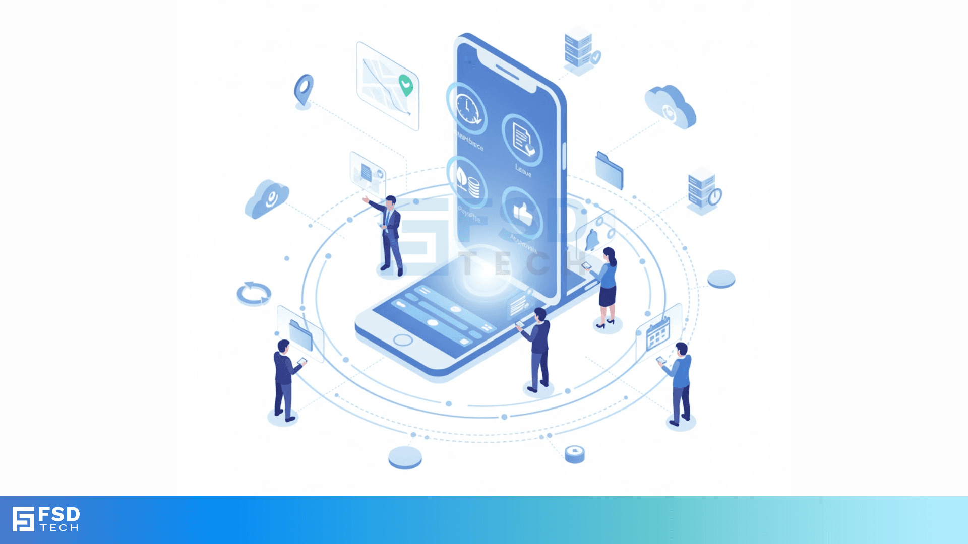 Zeta HRMS mobile app illustration showing cloud-based HR automation, mobile self-service, attendance tracking, approvals, payroll access, and secure HR operations for remote and field teams in the UAE.