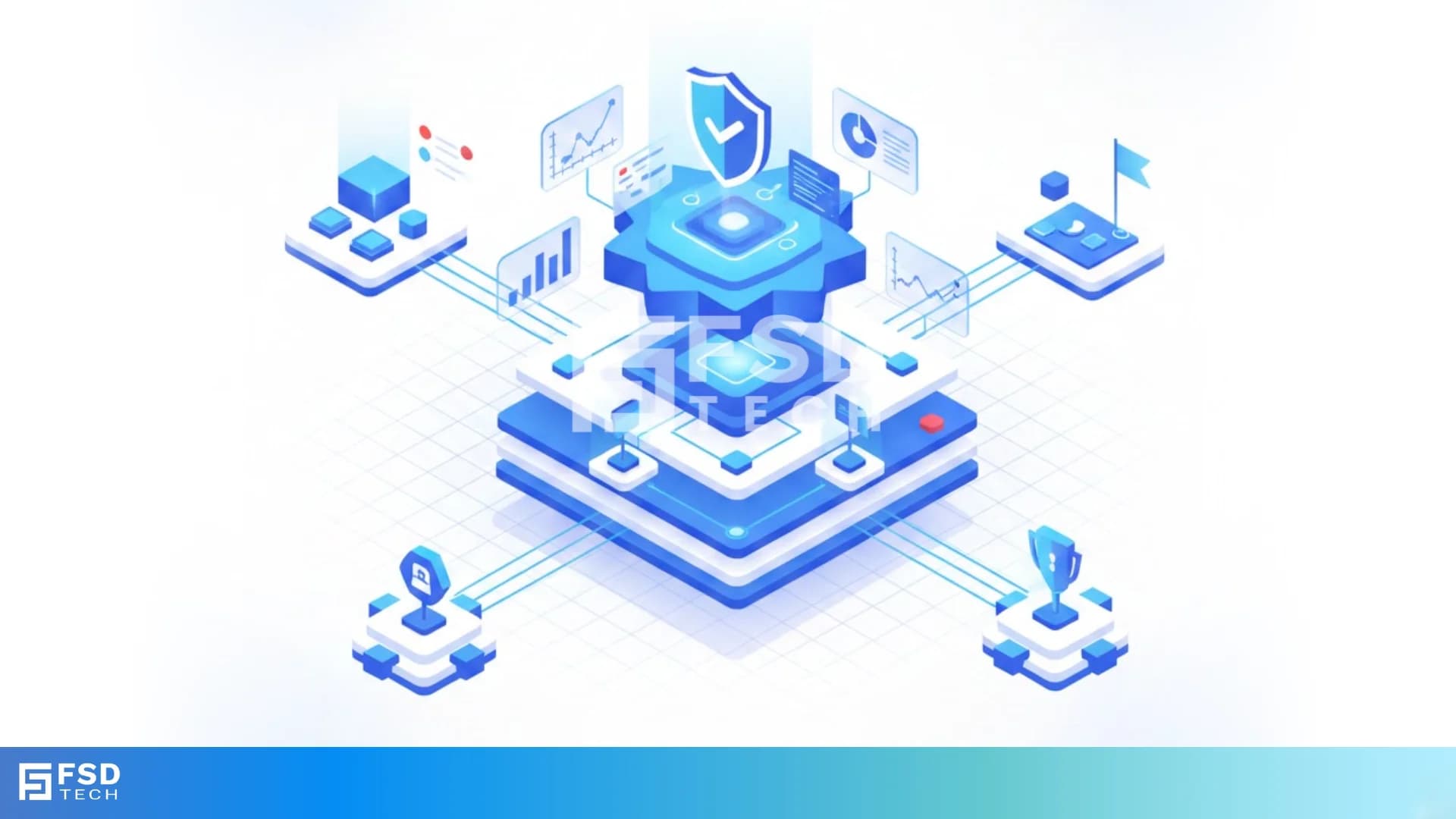 Isometric illustration of a centralized executive dashboard platform connected to analytics panels, performance charts, security indicators, and strategic milestones, representing real-time business visibility and decision control within ClickUp.