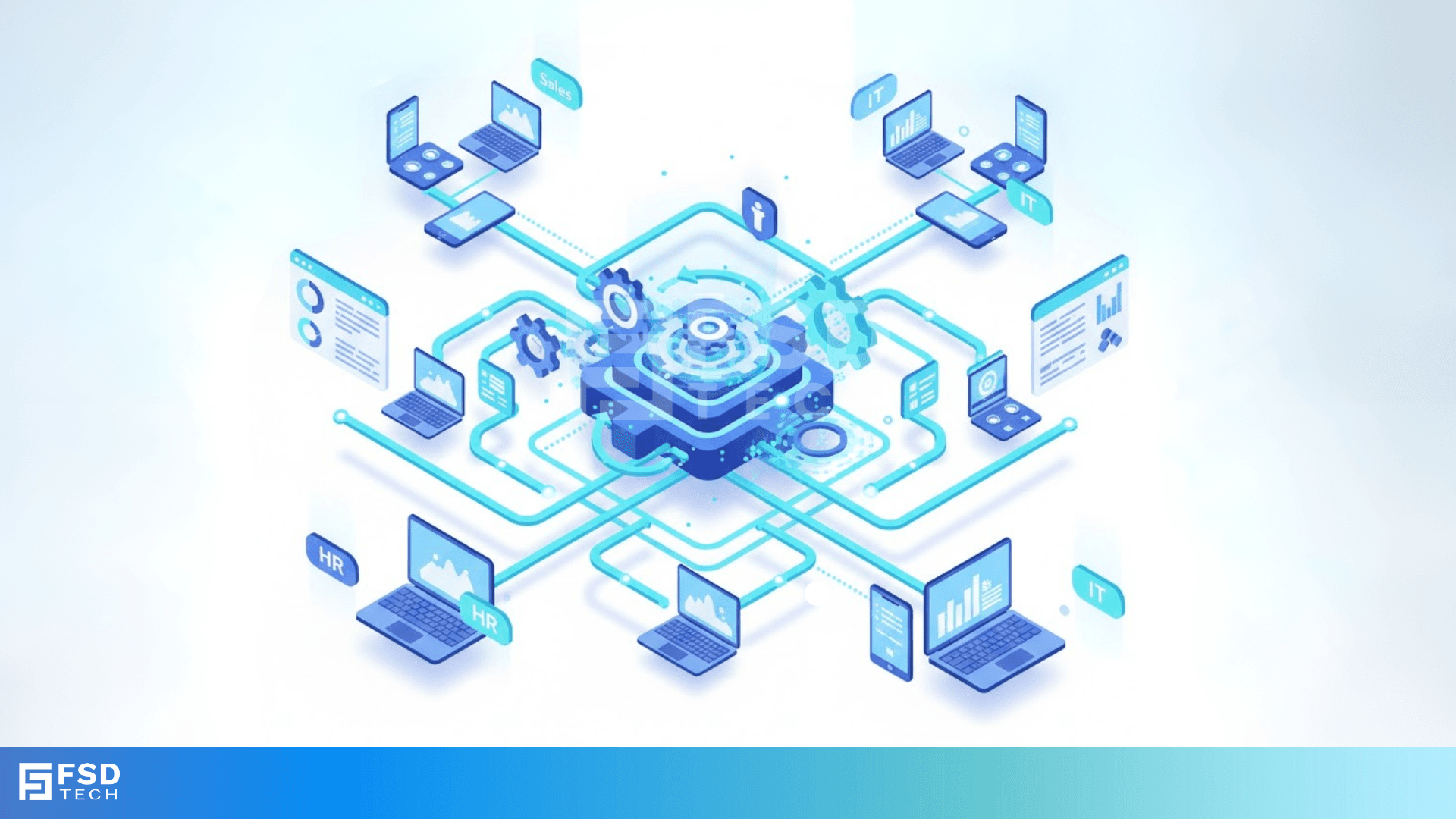 Isometric illustration of Miradore’s centralized management system connecting multiple laptops from HR, IT, and Sales departments through data pipelines and gears. Each device screen displays analytics dashboards and compliance charts, symbolizing automation, tagging, and structured asset data management. Designed in FSD Tech’s blue gradient theme to represent efficient and compliant multi-department device control.