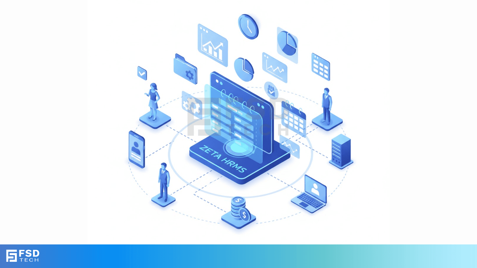 3D isometric illustration of Zeta HRMS platform connecting employees, managers, and systems in a unified time-tracking network. Features visuals of laptops, mobile devices, charts, and payroll icons representing integrated project tracking, attendance, and compliance.