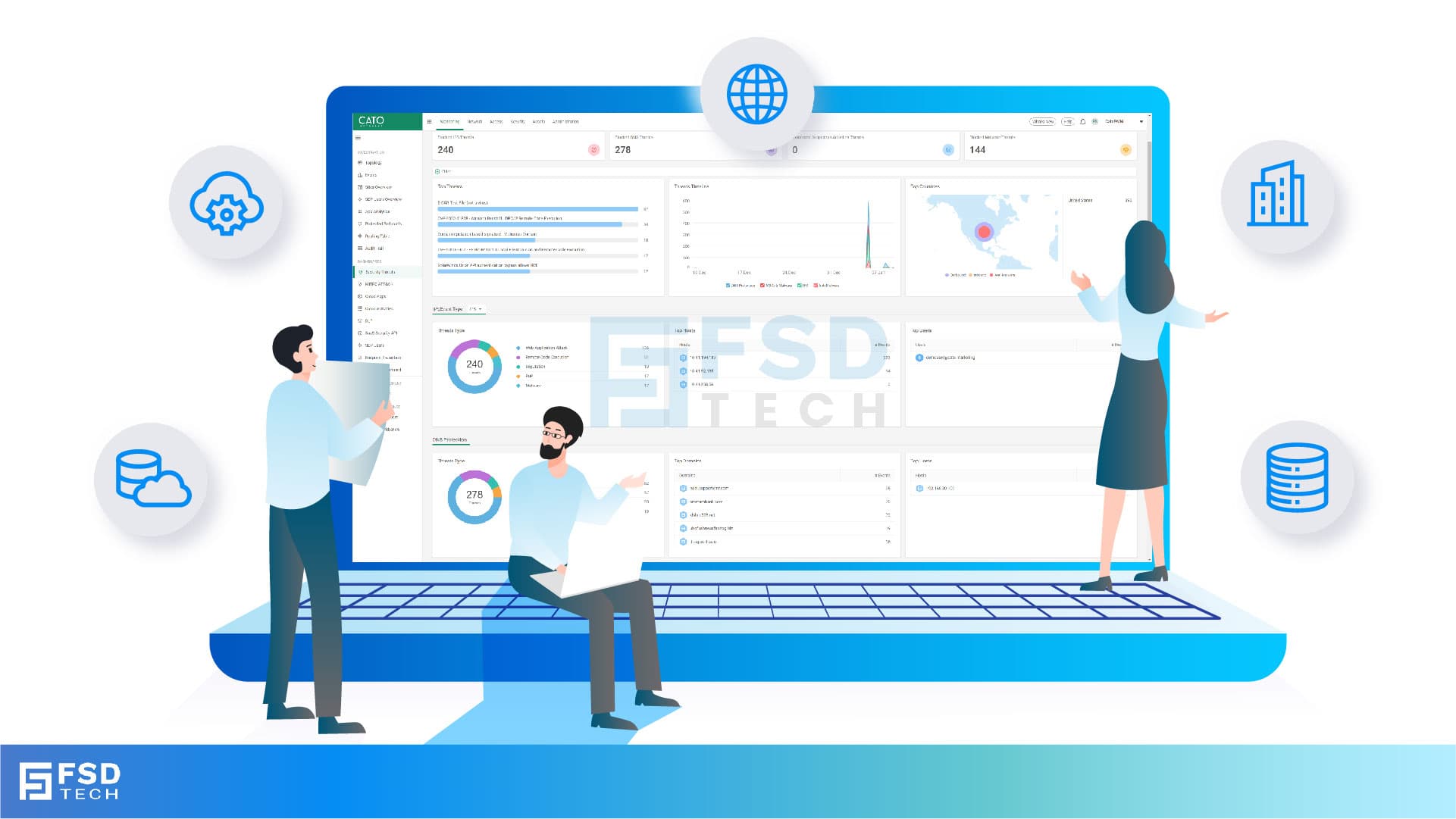 Illustration of team analyzing application traffic and usage insights on a large laptop screen using Cato’s dashboard, surrounded by network and cloud icons.