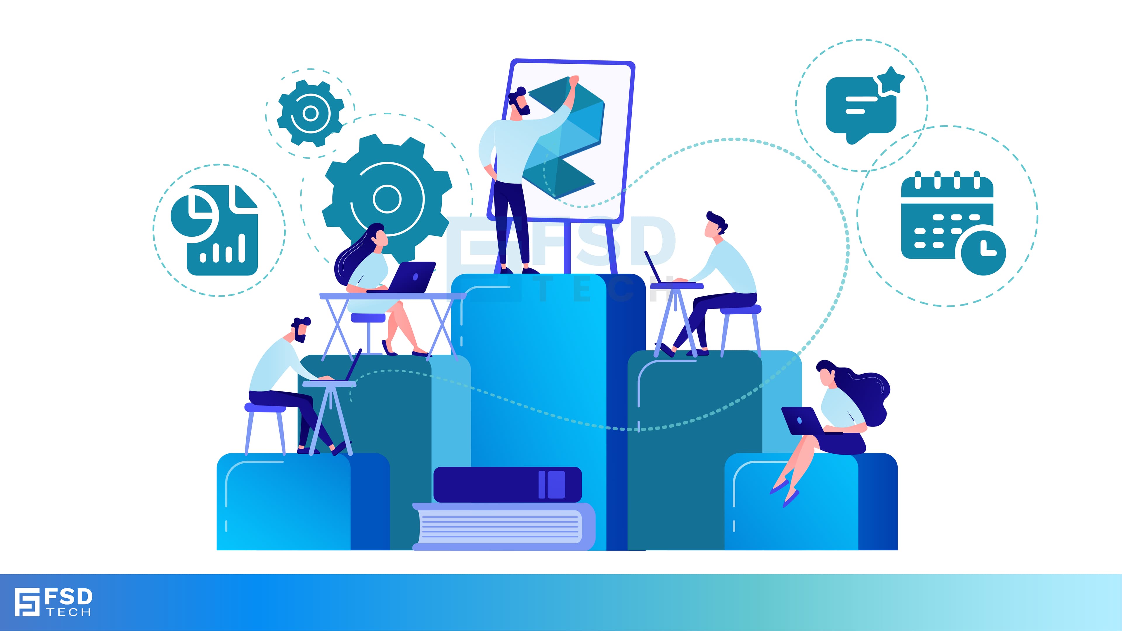 llustration of employees engaging in digital training with laptops and charts, gears, messages, and calendar icons representing training management and automation in Zeta HRMS.