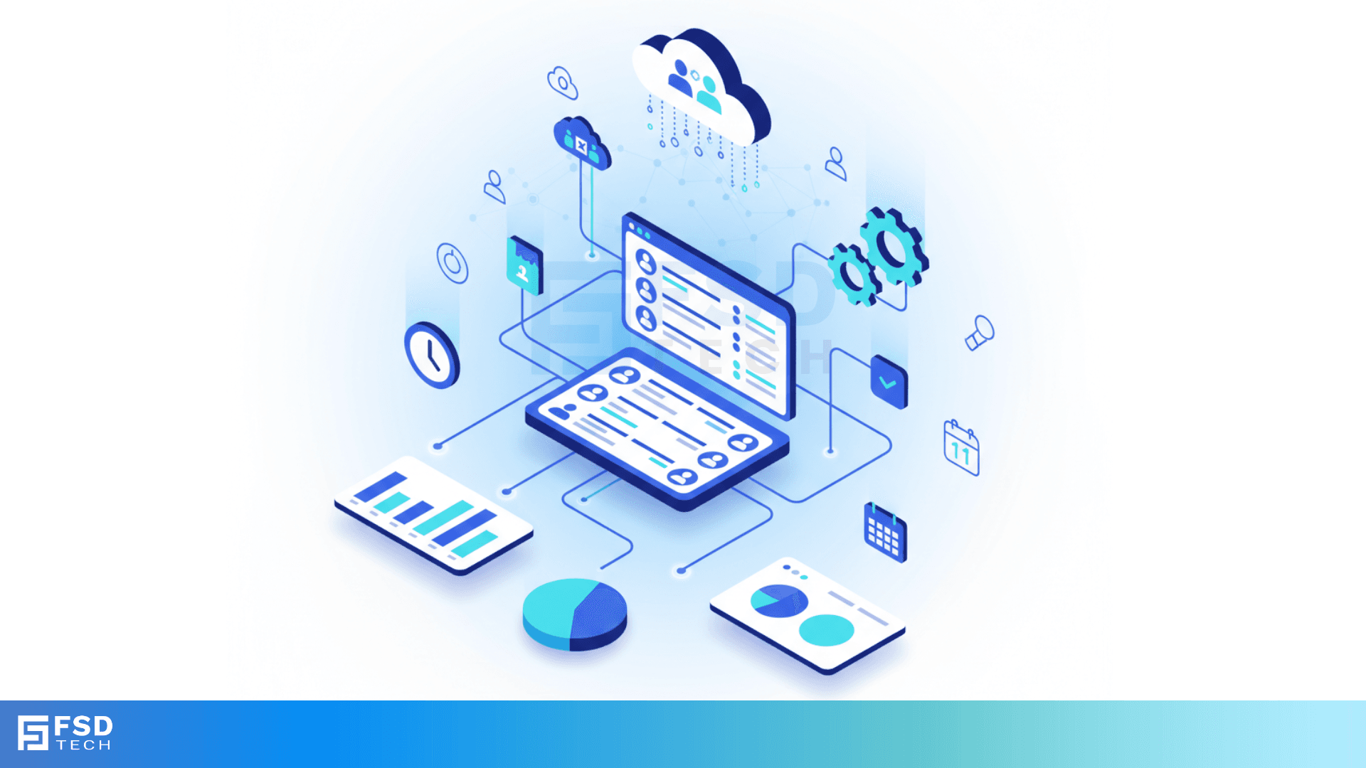 3D-style blue vector illustration showing Zeta HRMS workforce scheduling system. Depicts a connected digital workspace with laptop screens displaying employee schedules, clocks, charts, cloud icons, and automation gears — representing smart scheduling, real-time visibility, and cloud-based workforce management by Zeta HRMS.