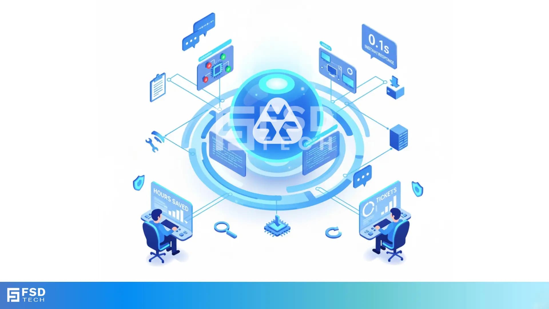 Illustration showing Atera’s AI automation hub with a glowing blue sphere connected to multiple screens displaying tickets, device data, scripts, instant response times, and technician dashboards. Two IT technicians sit at workstations monitoring hours saved and ticket analytics.