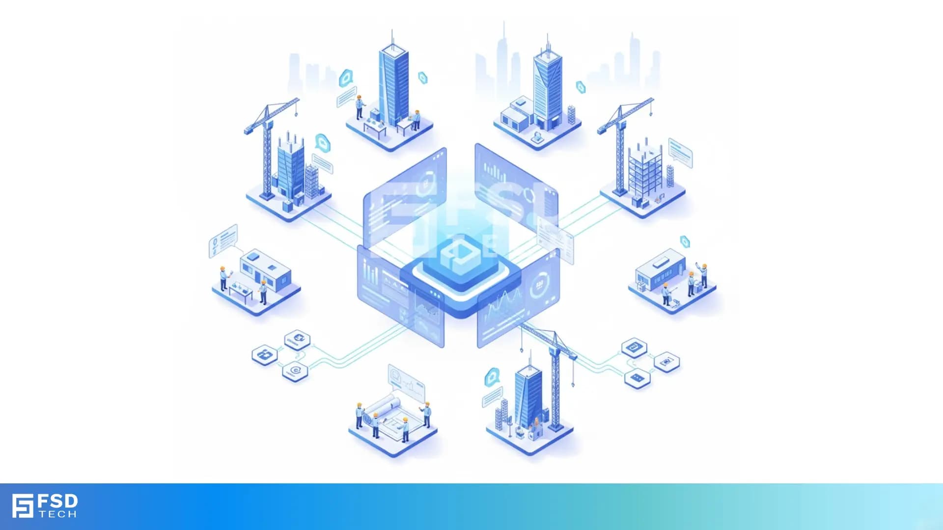 Illustration of ClickUp construction project management platform connecting multiple Dubai construction sites with real-time dashboards, scheduling, contractor workflows, document control, and enterprise collaboration.