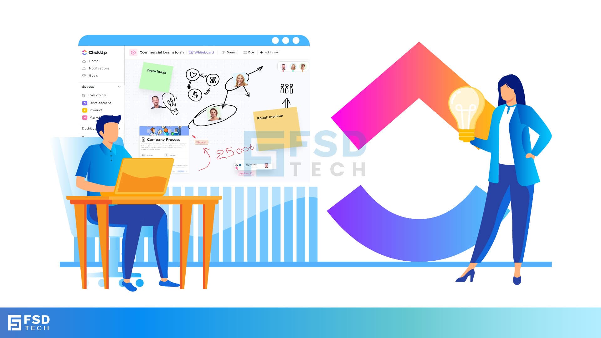 ClickUp Whiteboard illustration showing team collaboration, brainstorming, and task planning with digital sticky notes and avatars