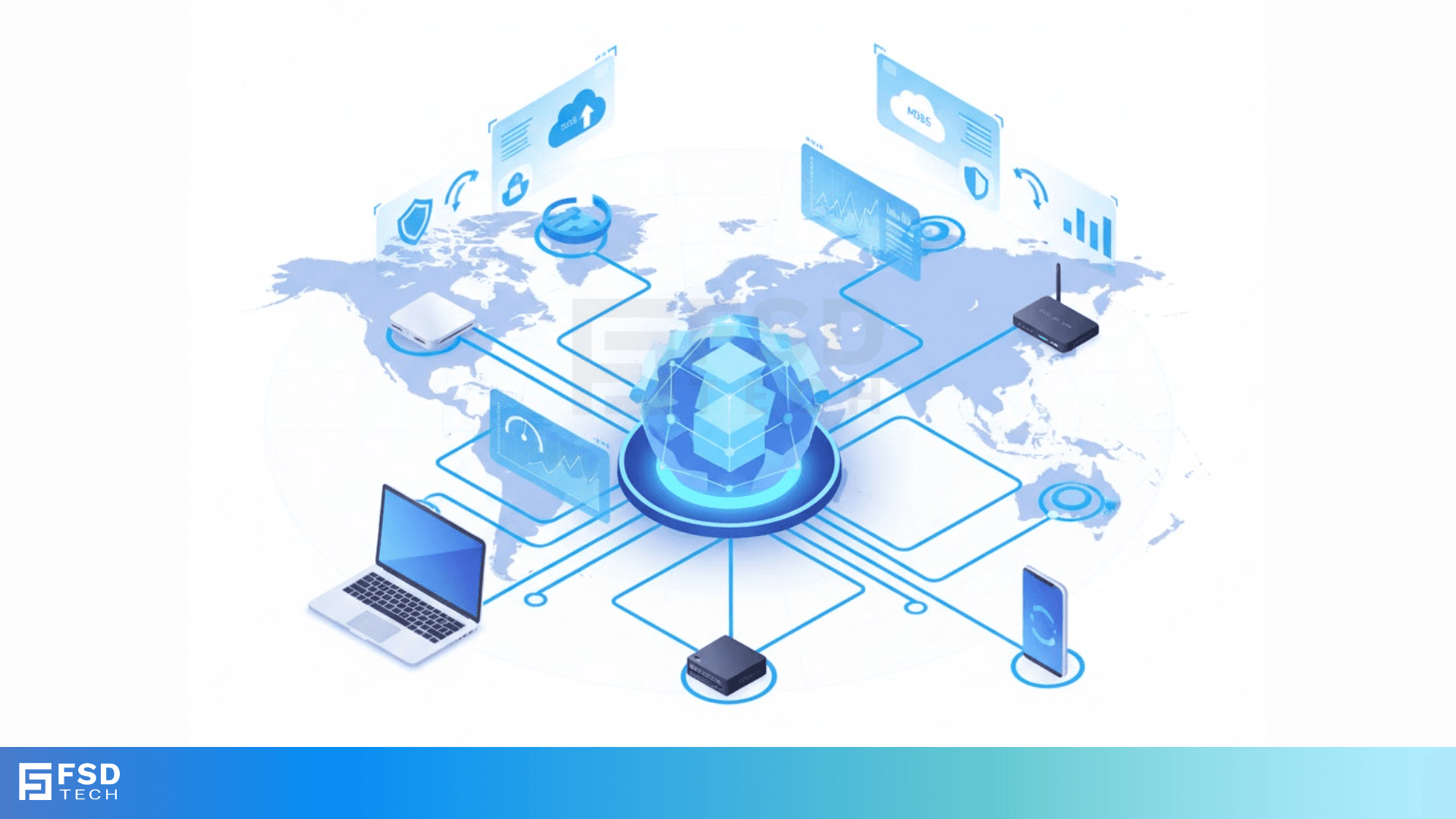 Isometric illustration showing ClickUp Brain’s AI-driven workflow automation. Central AI dashboard connected to laptops, tablets, and mobile devices represents intelligent task management, real-time data insights, and cross-team collaboration. The visual emphasizes how AI enhances productivity, automates repetitive work, and simplifies decision-making across teams.