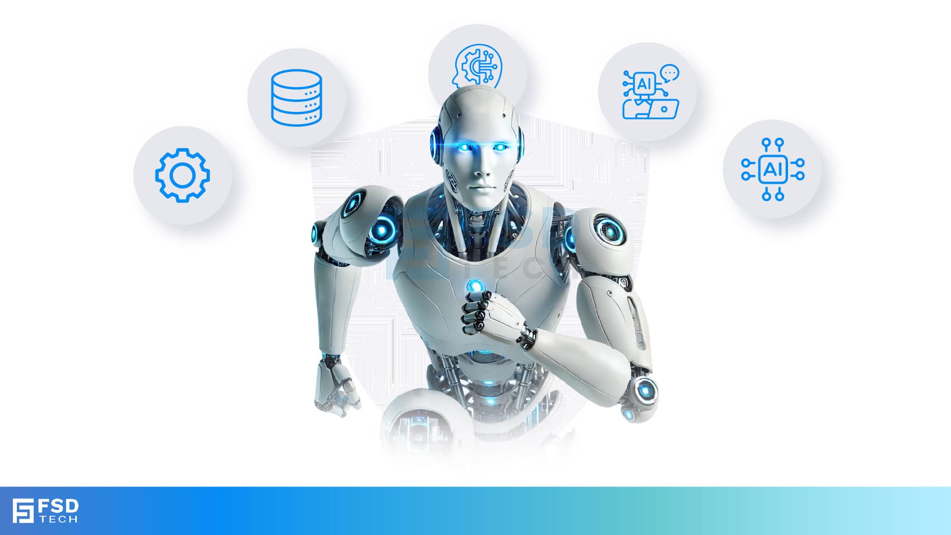 Futuristic humanoid robot with glowing blue eyes and circuits, surrounded by floating blue AI and technology icons representing data storage, automation, machine learning, and AI integration, symbolizing PointGuard AI security capabilities
