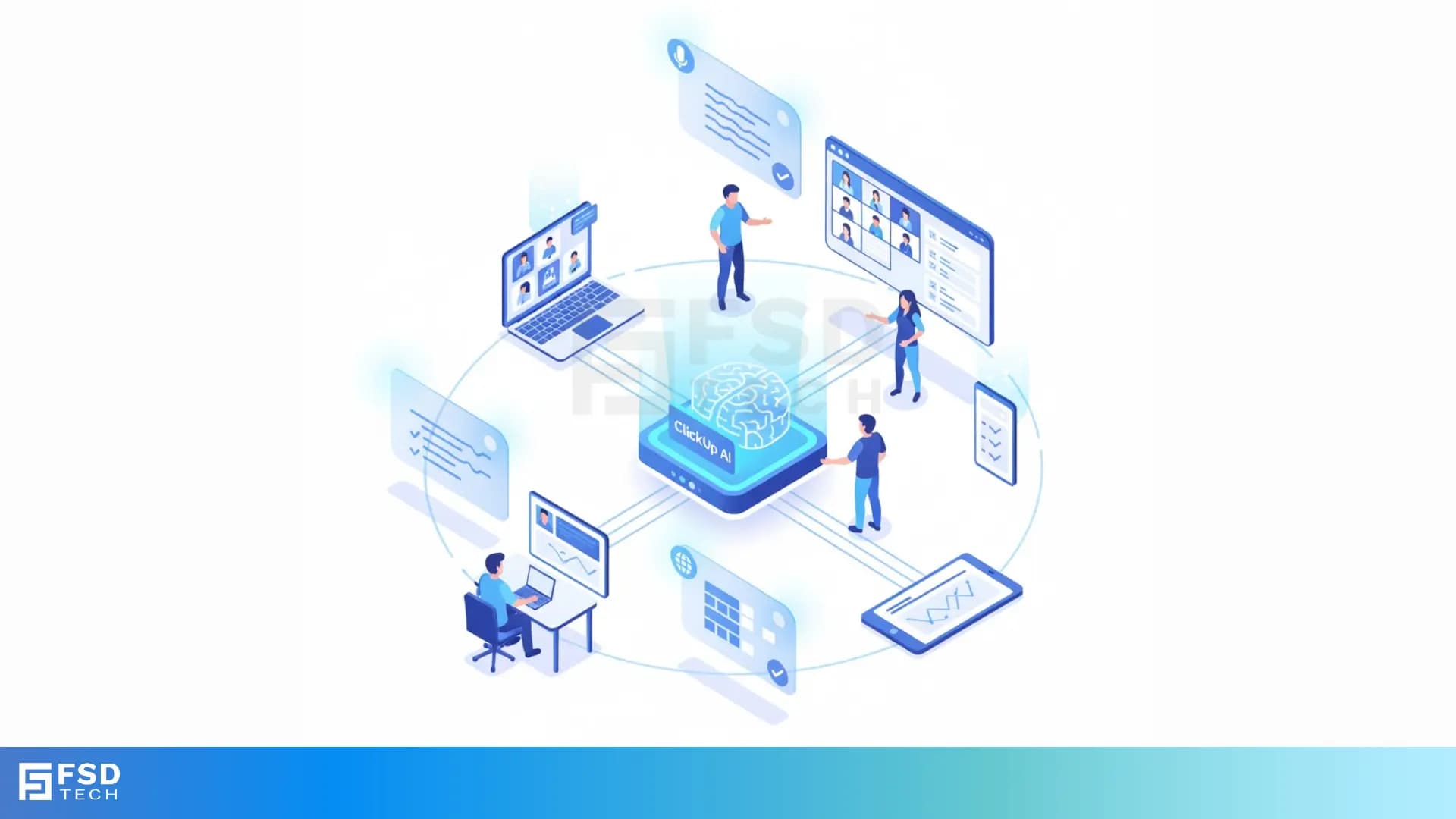 Isometric illustration of a ClickUp AI system processing meeting data, with team members collaborating around AI-driven dashboards, task panels, and real-time summaries.