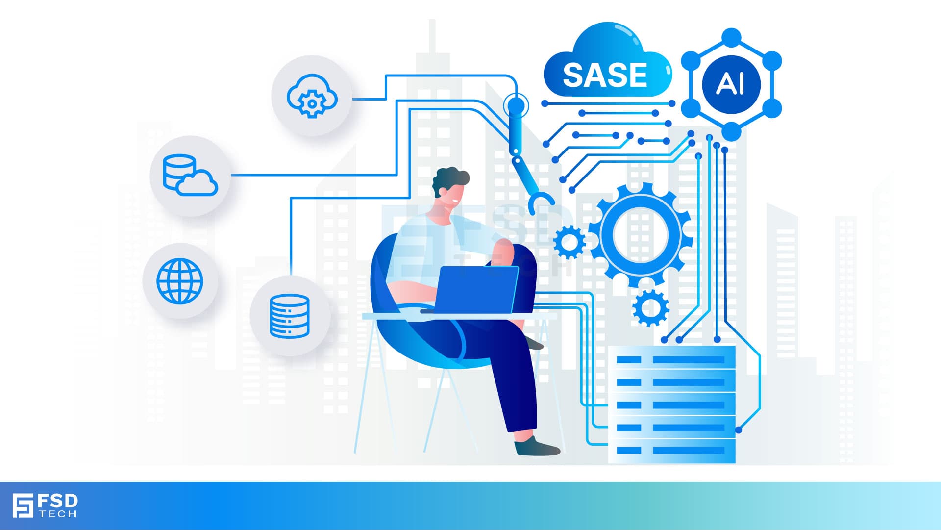 Vector illustration of a professional using a laptop with AI and SASE cloud icons, representing automated cybersecurity, real-time analytics, and secure digital infrastructure.