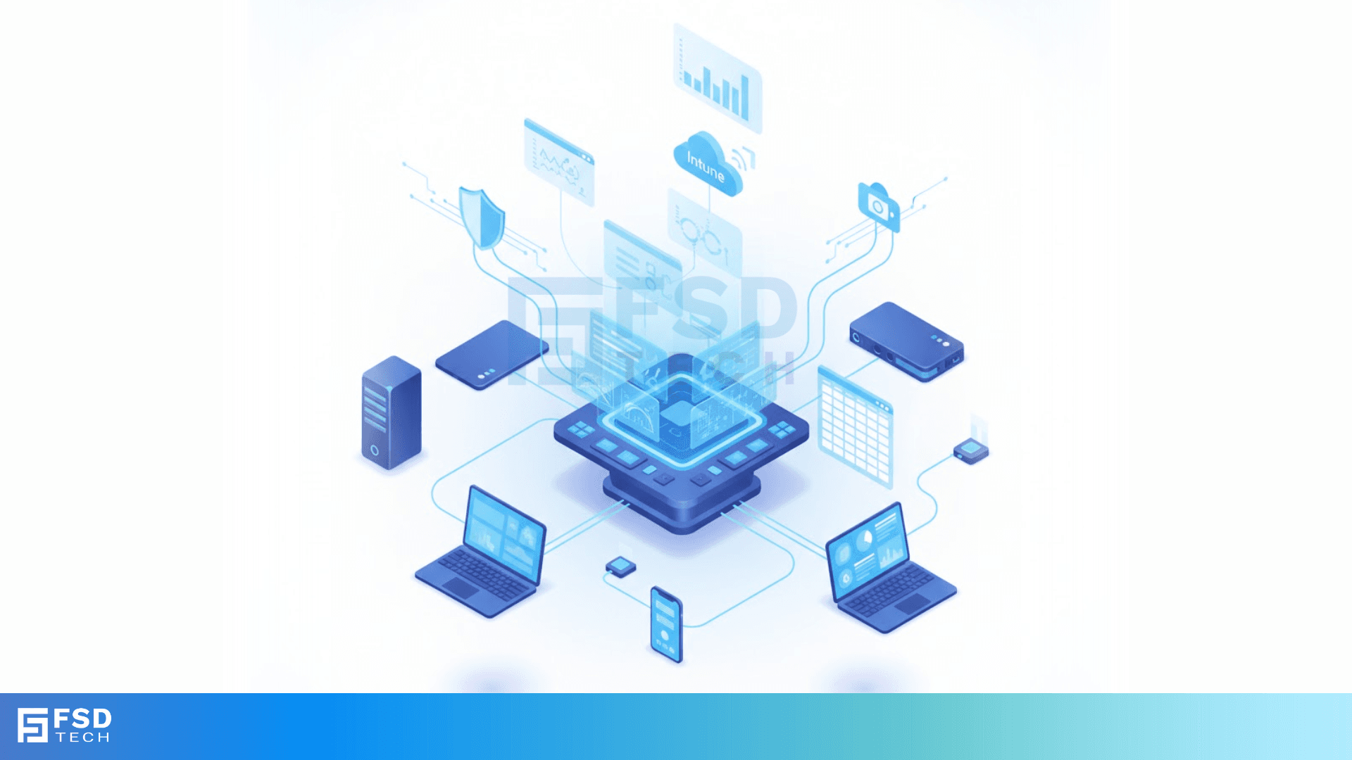 Isometric illustration showing unified network visibility with connected laptops, mobile devices, servers, and dashboards around a central hub labeled Intune, symbolizing Cato’s integrated device inventory system.