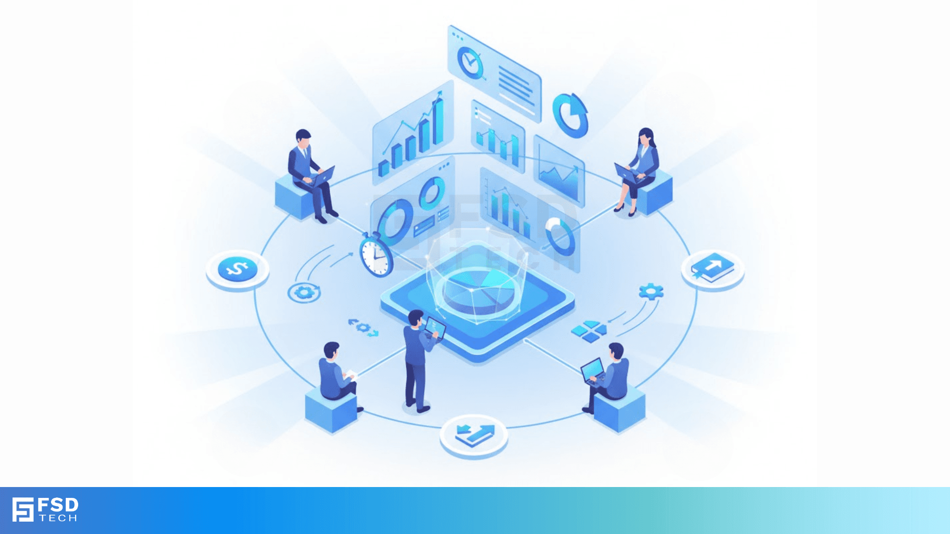 Isometric illustration of professionals analyzing data dashboards with charts, graphs, and KPIs connected through a central digital hub, representing Zeta HRMS’s real-time analytics and custom reporting capabilities. Includes FSD Tech branding and blue gradient footer.