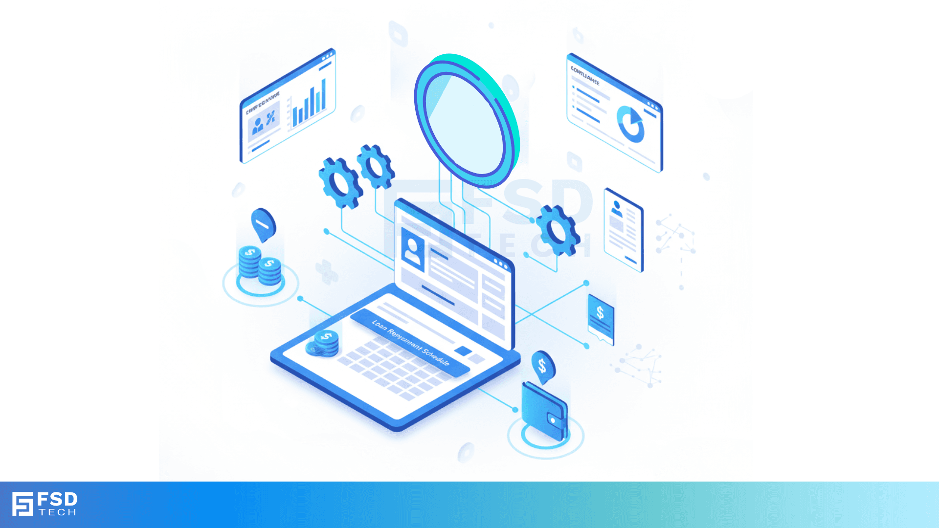 FSD Tech 3D illustration of Zeta HRMS loan repayment automation. Laptop dashboard connects to compliance charts, employee records, and financial icons, showing streamlined EMI scheduling and payroll integration.