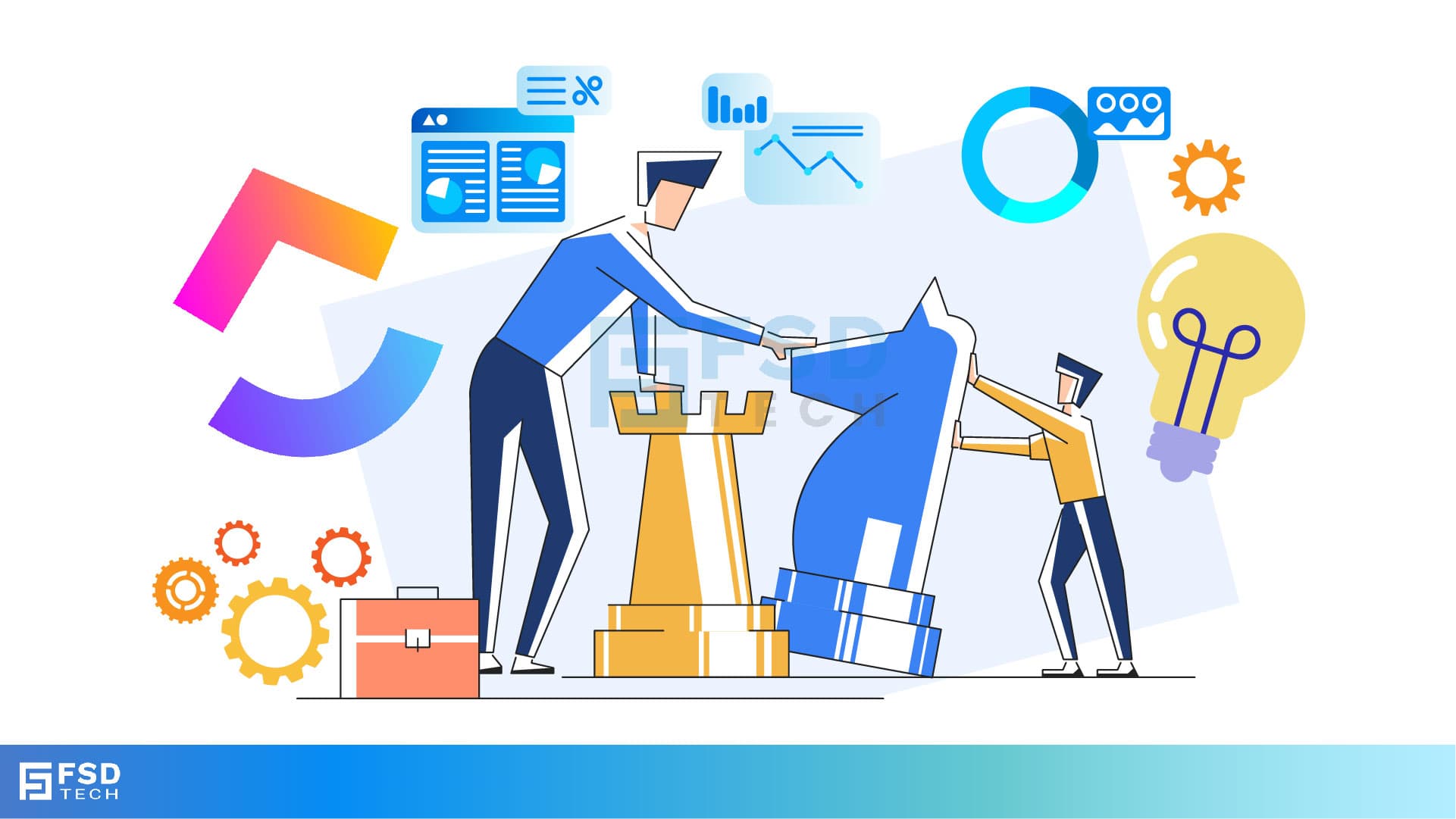 Illustration of two professionals collaborating on a strategy roadmap, symbolized by chess pieces, analytics dashboards, gears, and light bulb icons, representing ClickUp’s approach to strategic planning and execution.