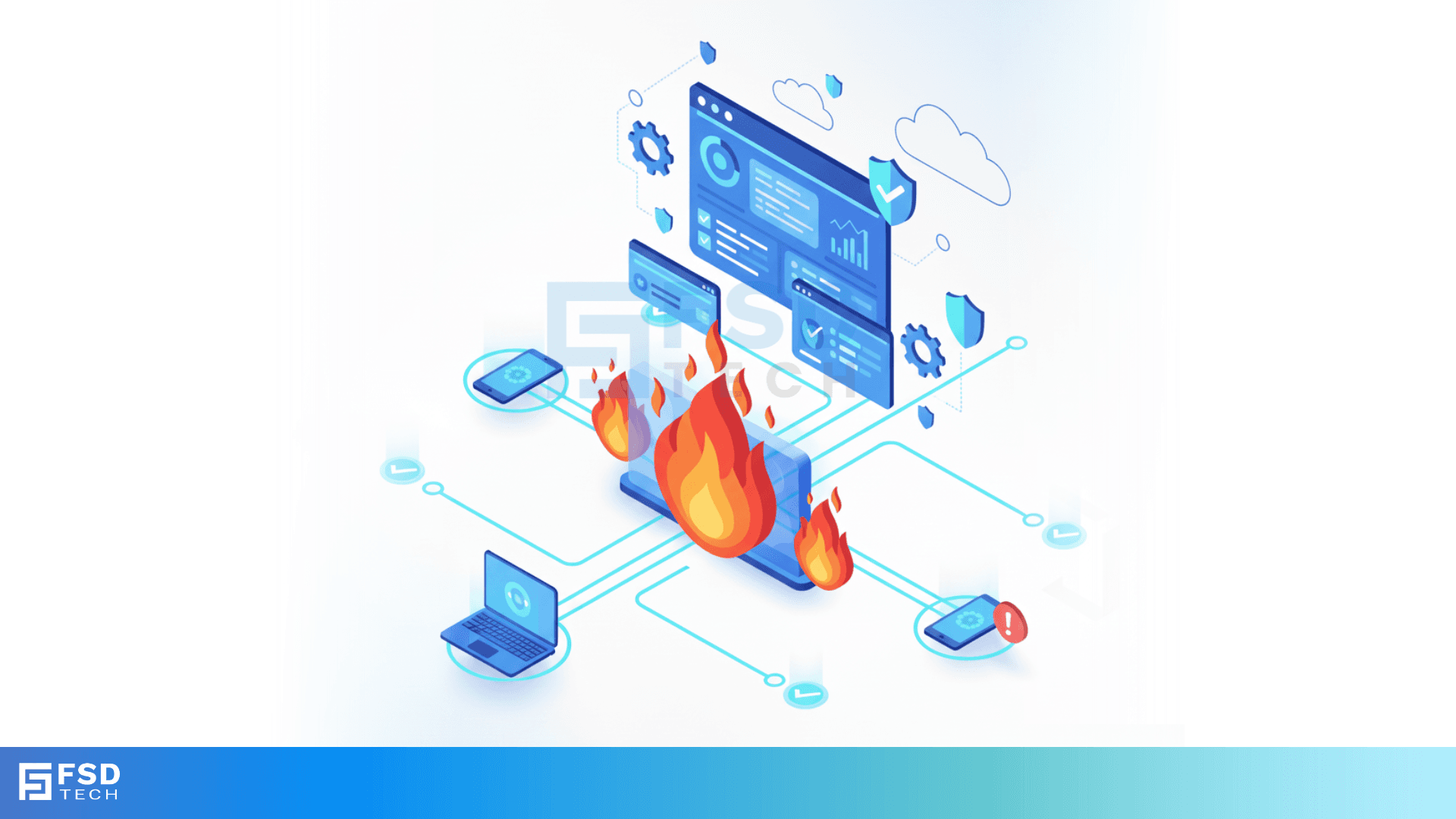Isometric illustration showing connected laptops, tablets, and cloud applications protected by firewalls with flames symbolizing network threats. Represents cybersecurity monitoring, firewall defense, and endpoint protection under FSD Tech branding
